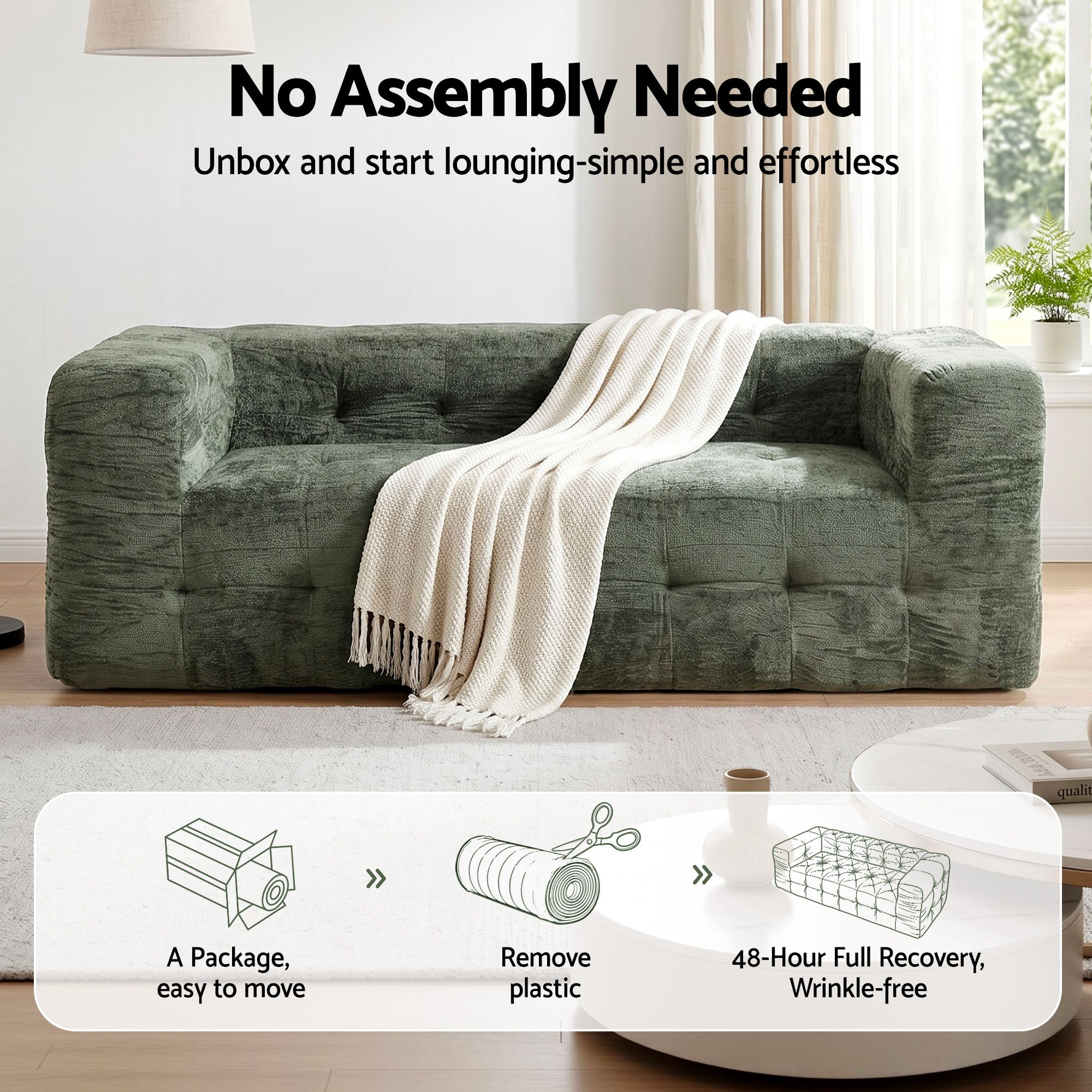 Artiss Comfort Boneless Sofa for Living Room Green Luxury Chenille - Image 4