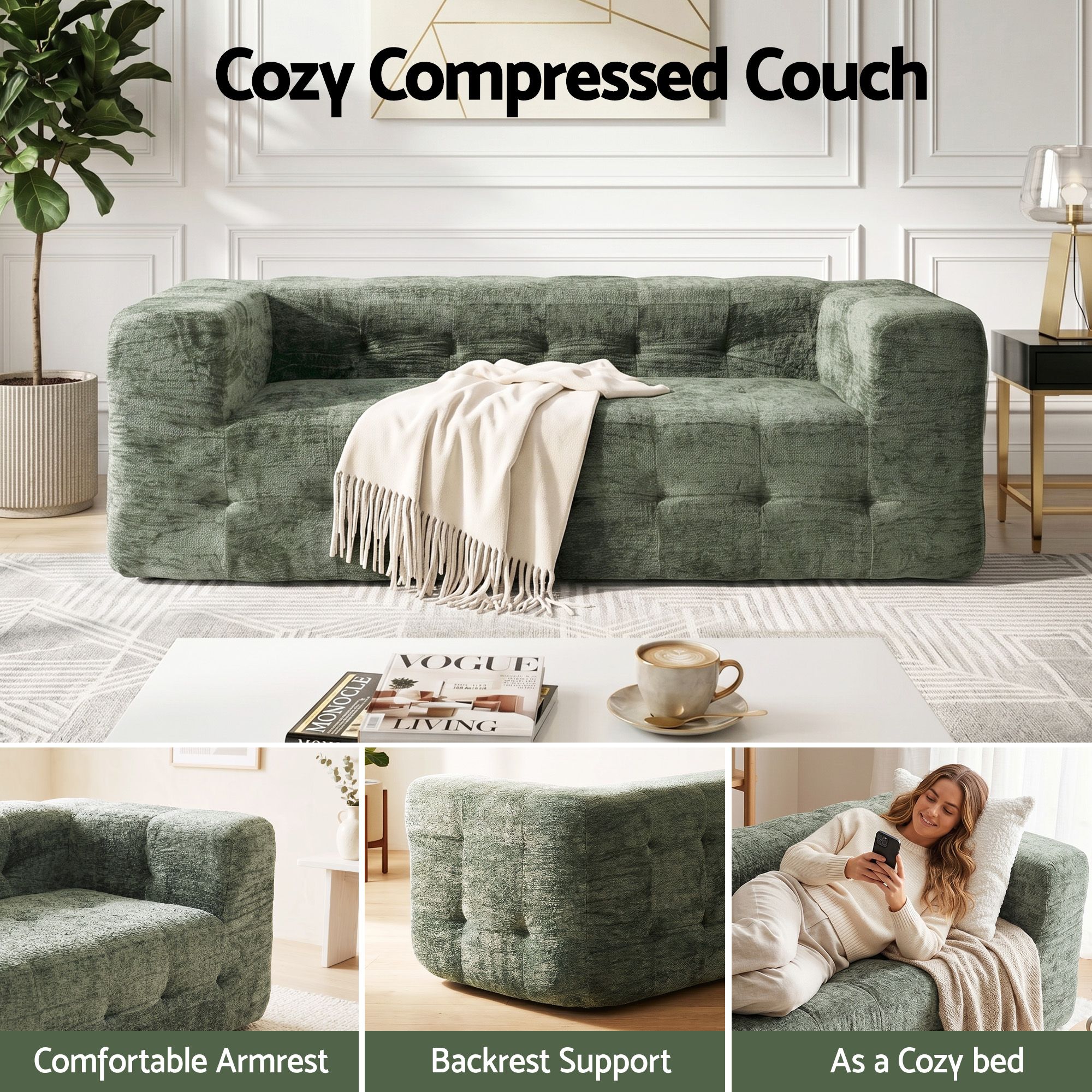 Artiss Comfort Boneless Sofa for Living Room Green Luxury Chenille - Image 6