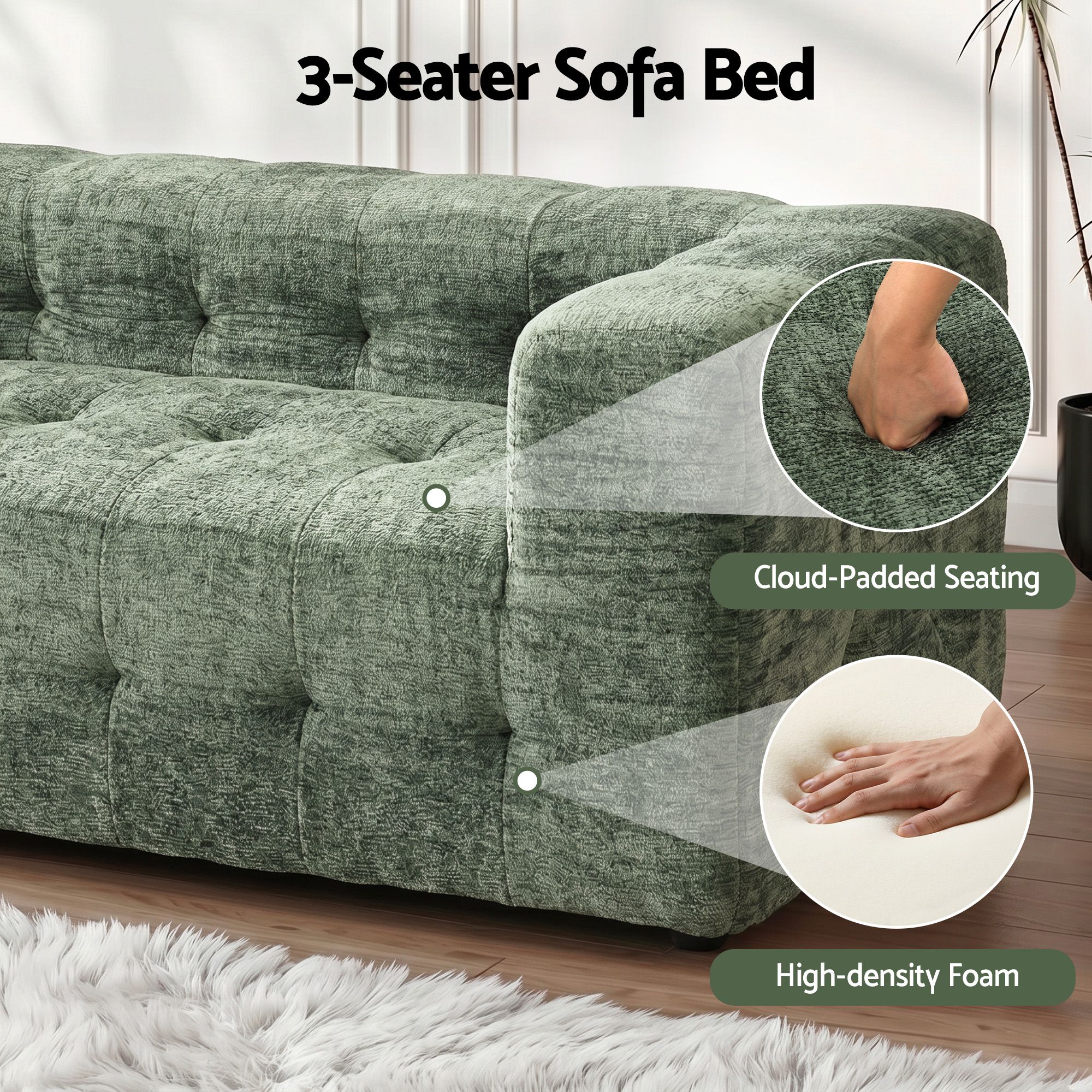 Artiss Comfort Boneless Sofa for Living Room Green Luxury Chenille - Image 7