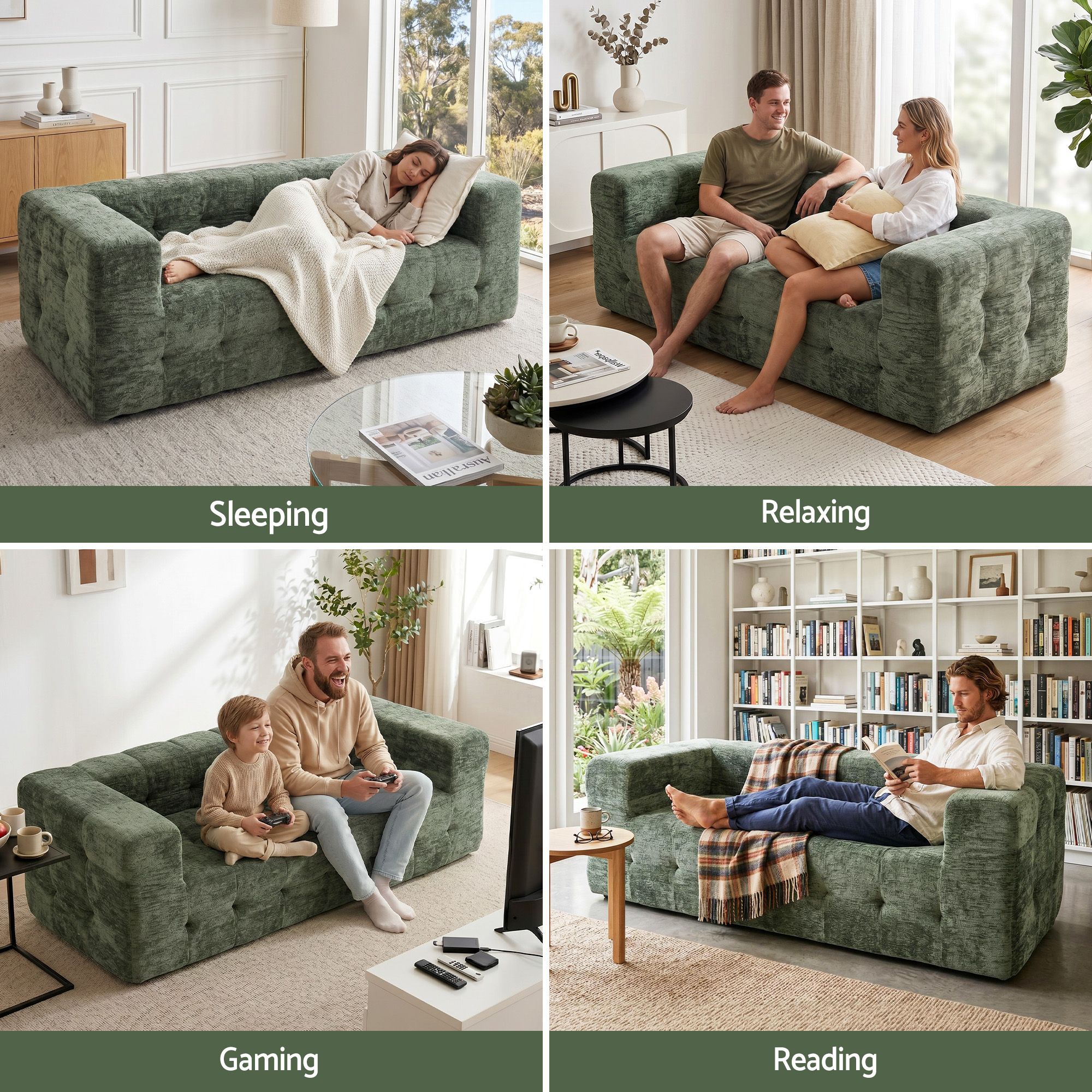 Artiss Comfort Boneless Sofa for Living Room Green Luxury Chenille - Image 8