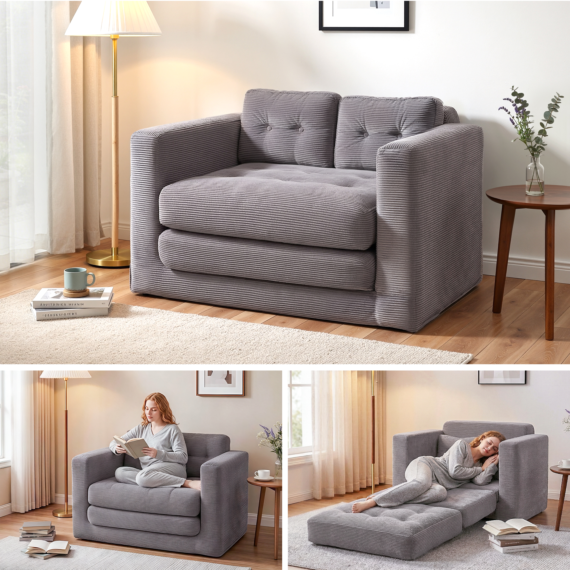 Artiss 2 Seater Corduroy Convertible Sofa Bed Pull Out Boneless Couch Grey - Image 1