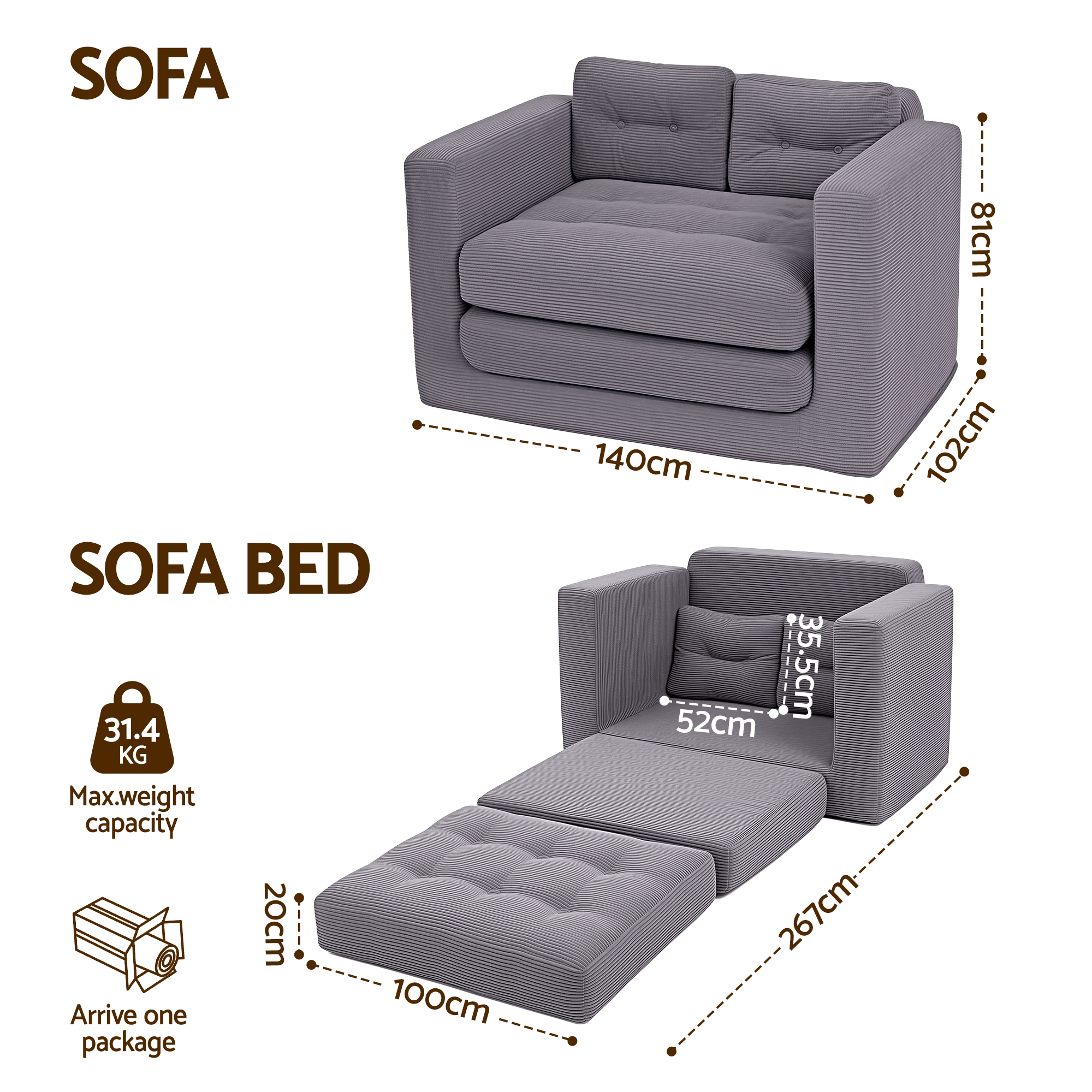 Artiss 2 Seater Corduroy Convertible Sofa Bed Pull Out Boneless Couch Grey - Image 2