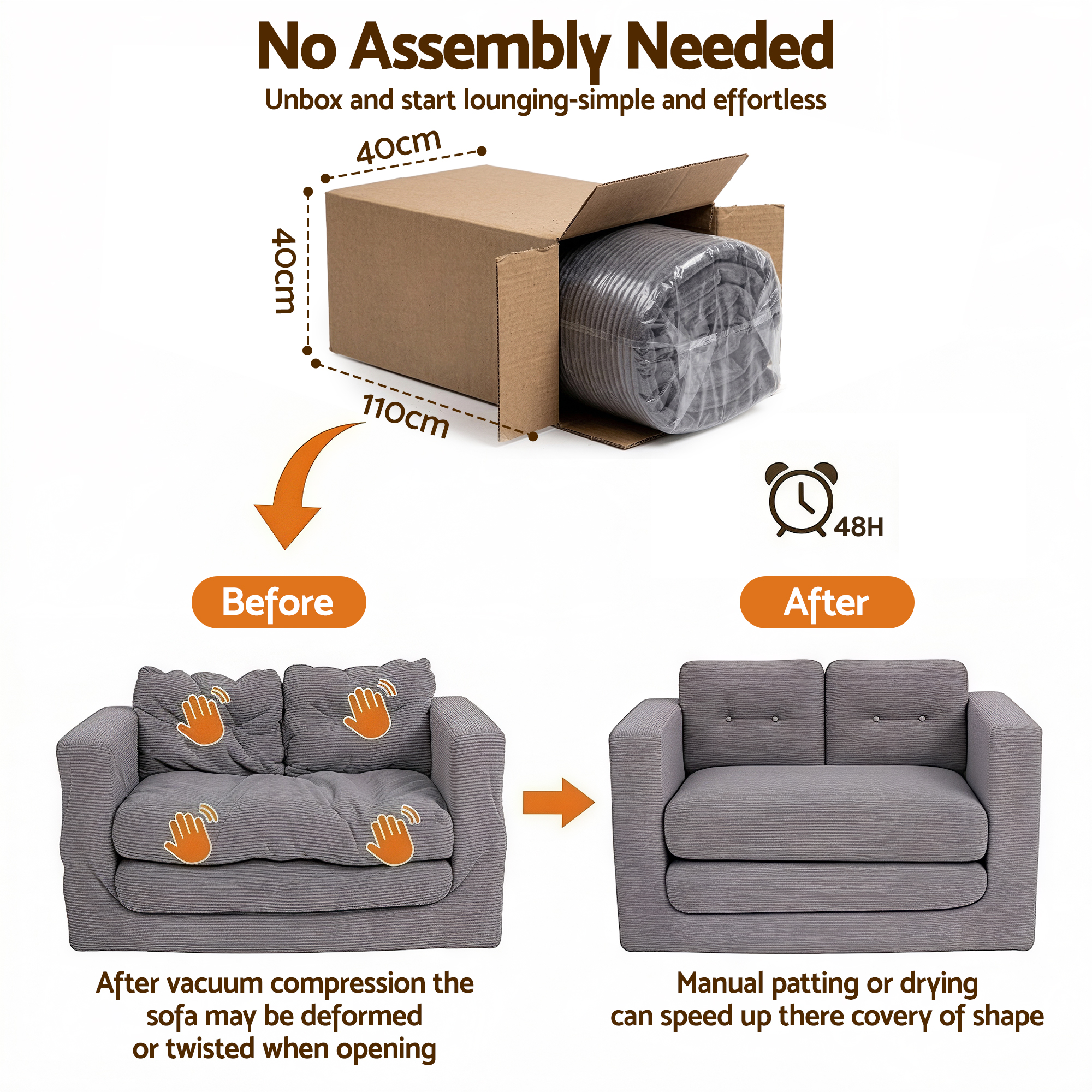 Artiss 2 Seater Corduroy Convertible Sofa Bed Pull Out Boneless Couch Grey - Image 4
