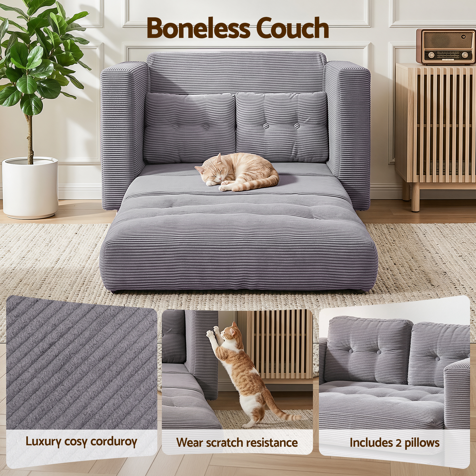 Artiss 2 Seater Corduroy Convertible Sofa Bed Pull Out Boneless Couch Grey - Image 6