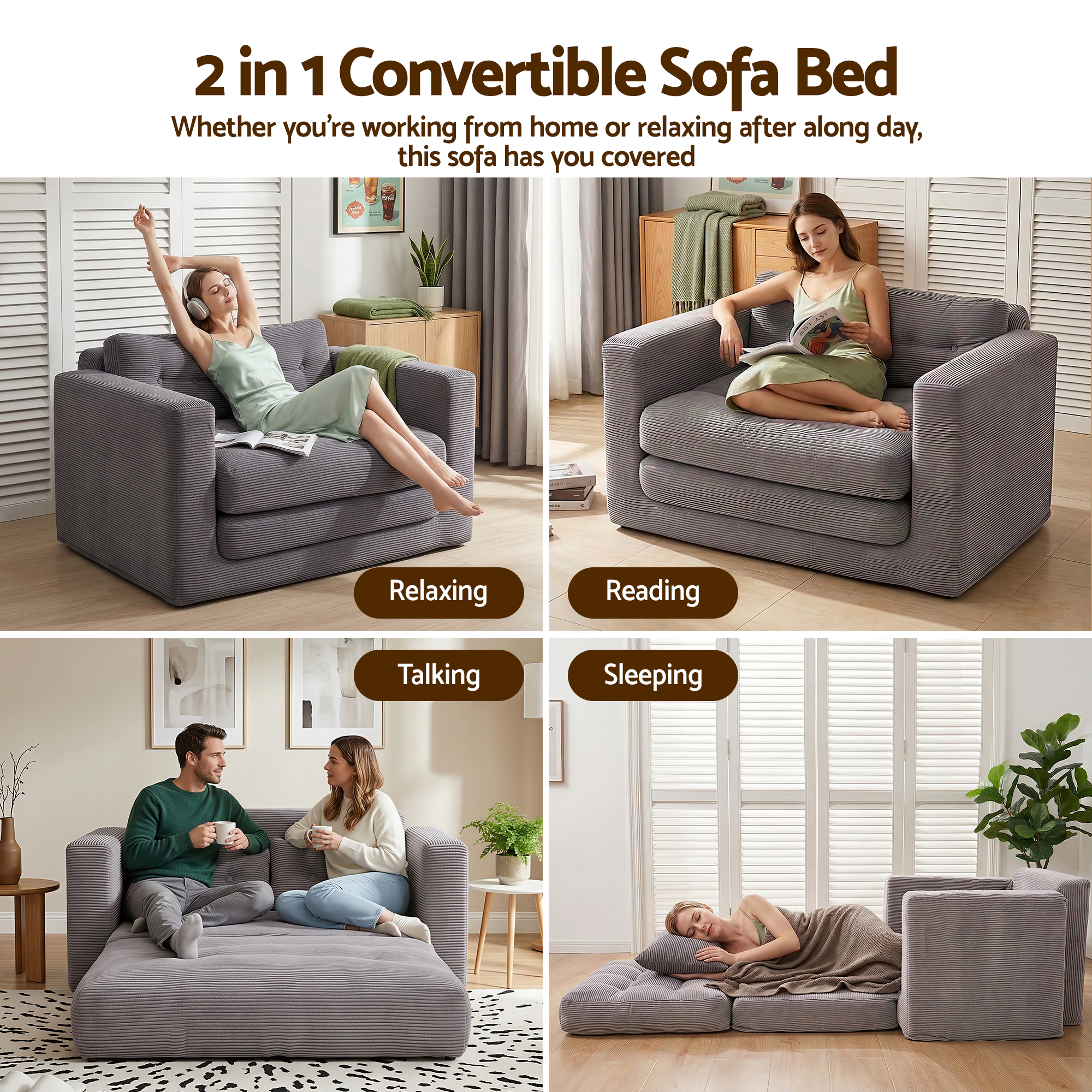Artiss 2 Seater Corduroy Convertible Sofa Bed Pull Out Boneless Couch Grey - Image 8