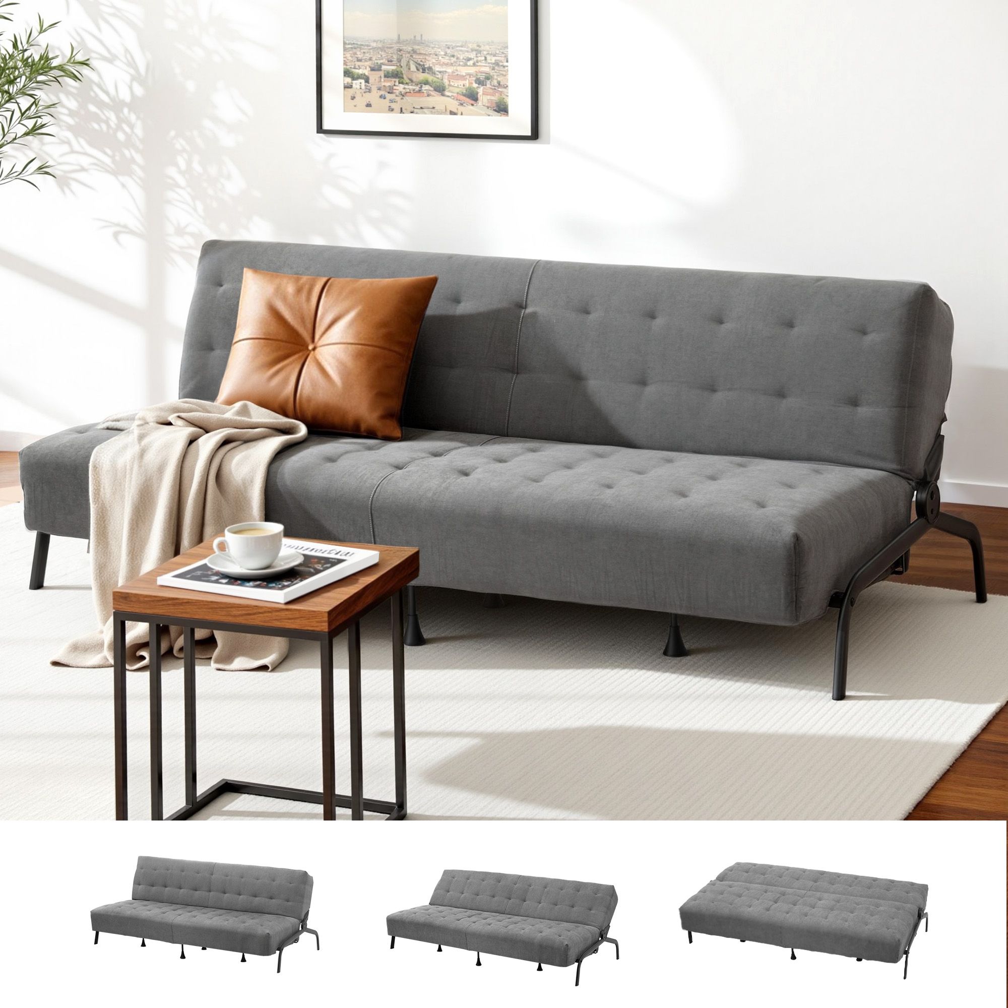 Artiss Sofa Bed, 1.9m 3-Seater Soft Innerspring Adjustable Couch Futon Chair for Apartment Dorm Living Room Office Study Bedroom, Grey - Image 1