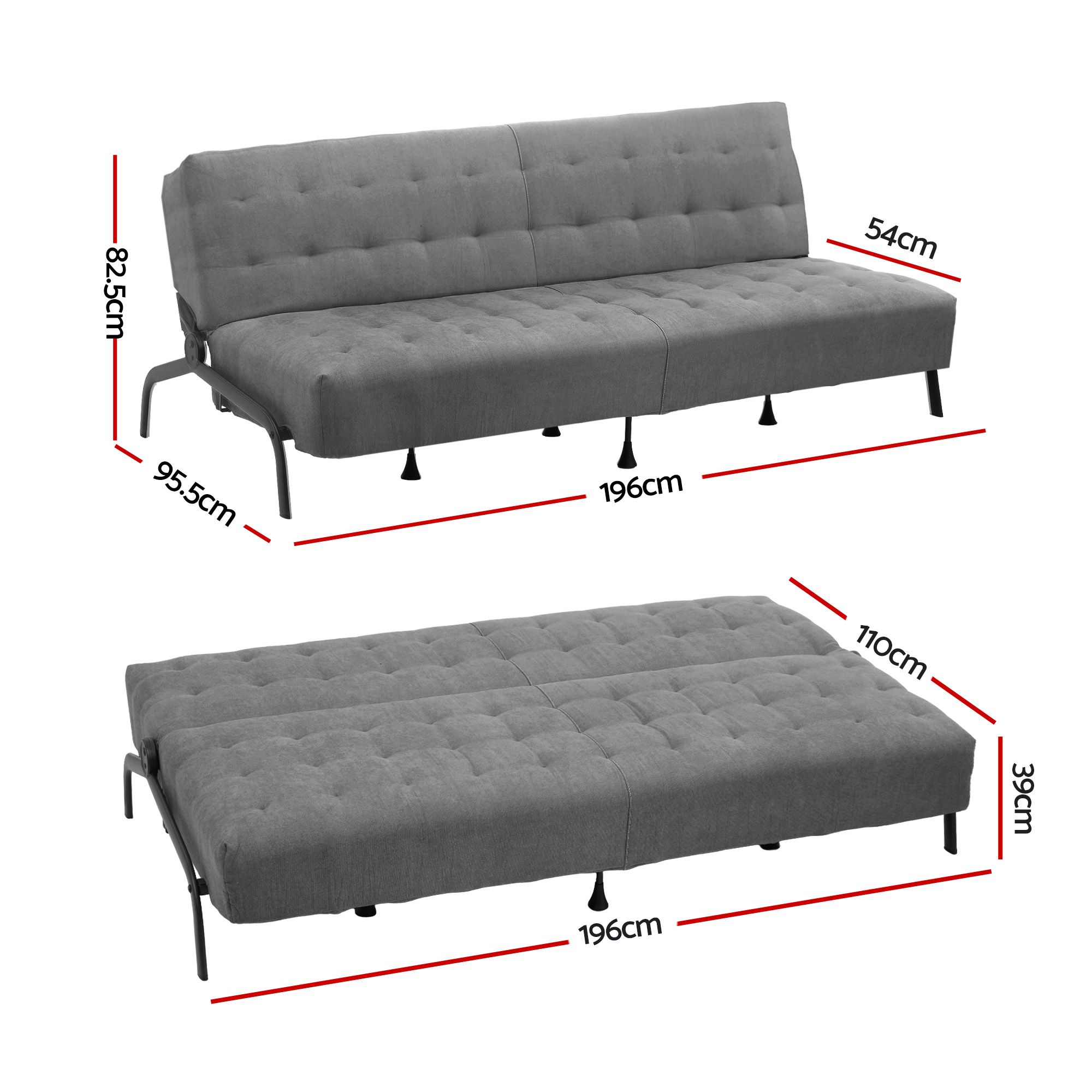 Artiss Sofa Bed, 1.9m 3-Seater Soft Innerspring Adjustable Couch Futon Chair for Apartment Dorm Living Room Office Study Bedroom, Grey - Image 3