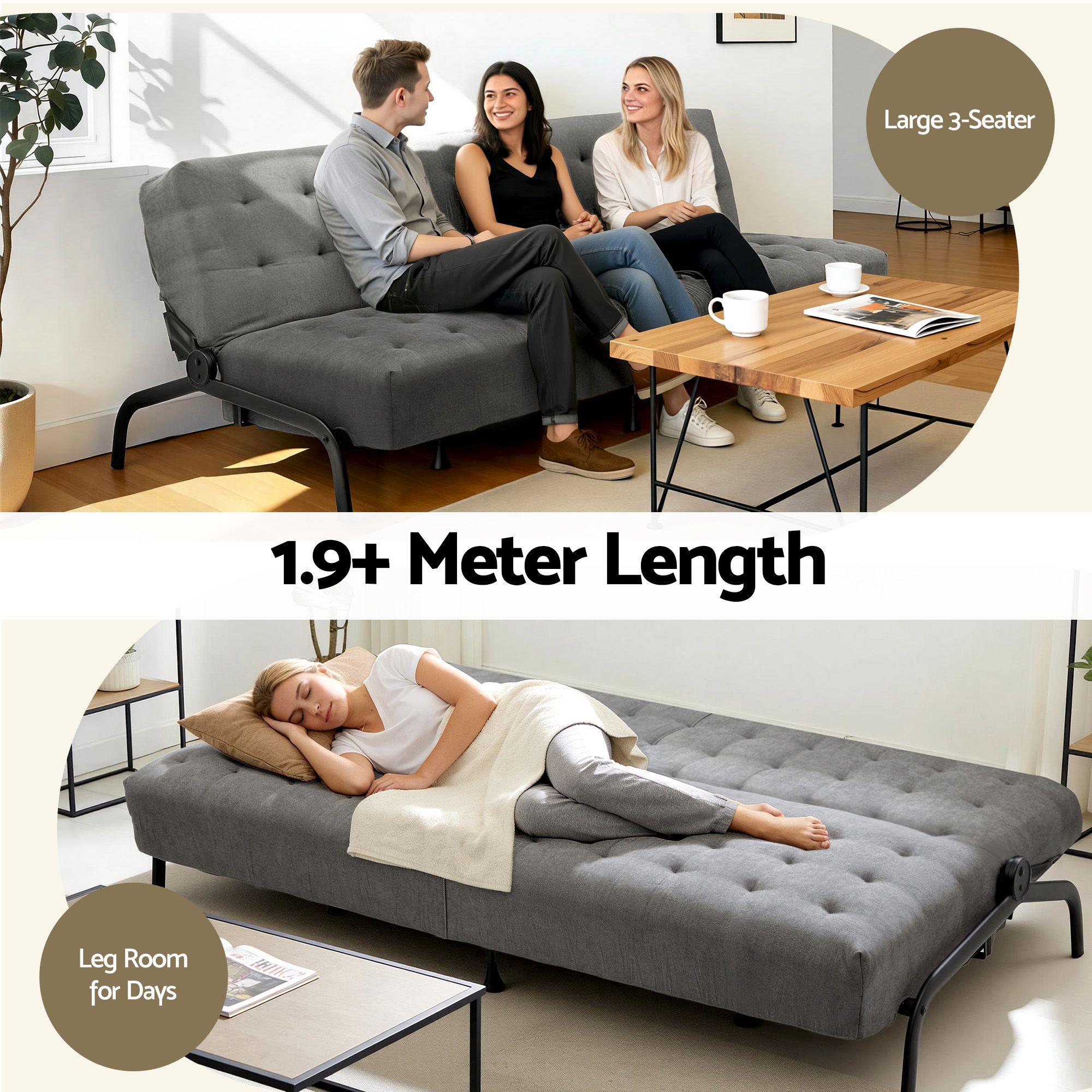 Artiss Sofa Bed, 1.9m 3-Seater Soft Innerspring Adjustable Couch Futon Chair for Apartment Dorm Living Room Office Study Bedroom, Grey - Image 5