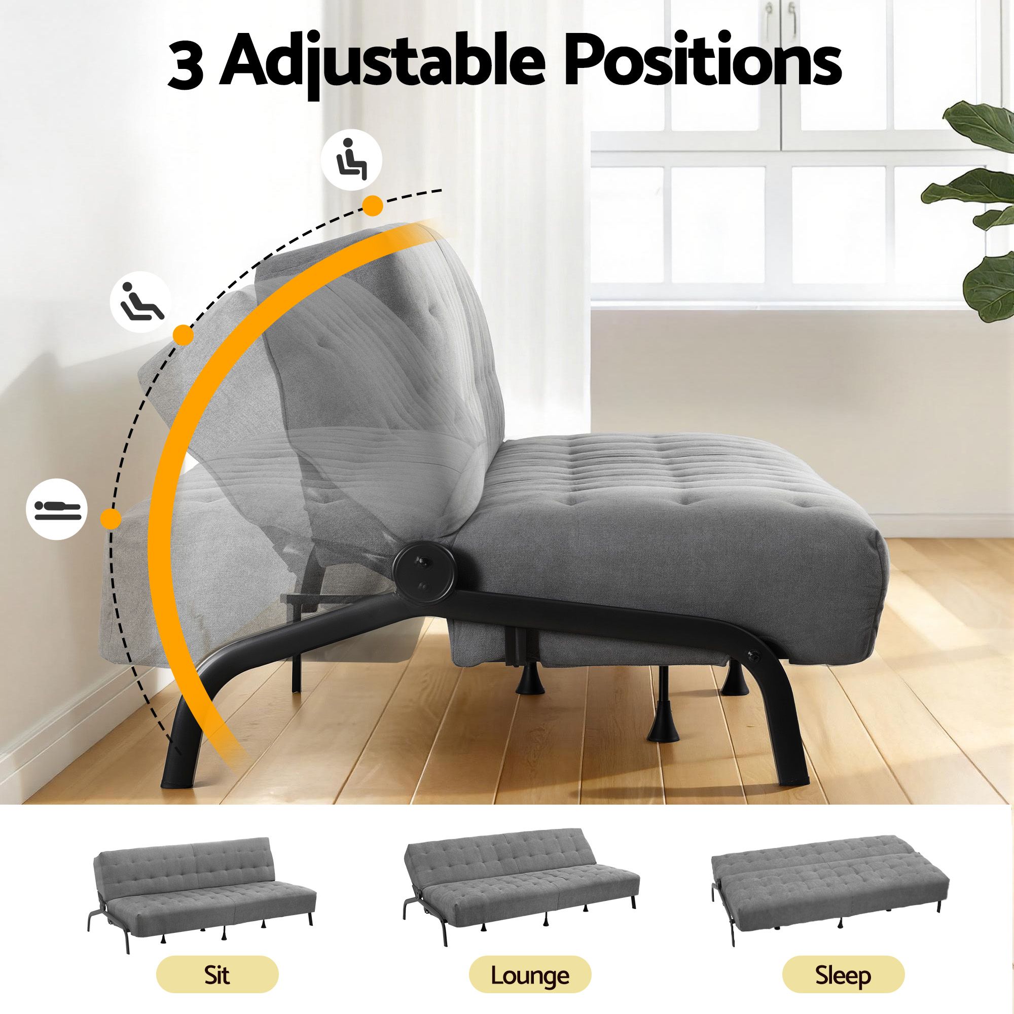 Artiss Sofa Bed, 1.9m 3-Seater Soft Innerspring Adjustable Couch Futon Chair for Apartment Dorm Living Room Office Study Bedroom, Grey - Image 6