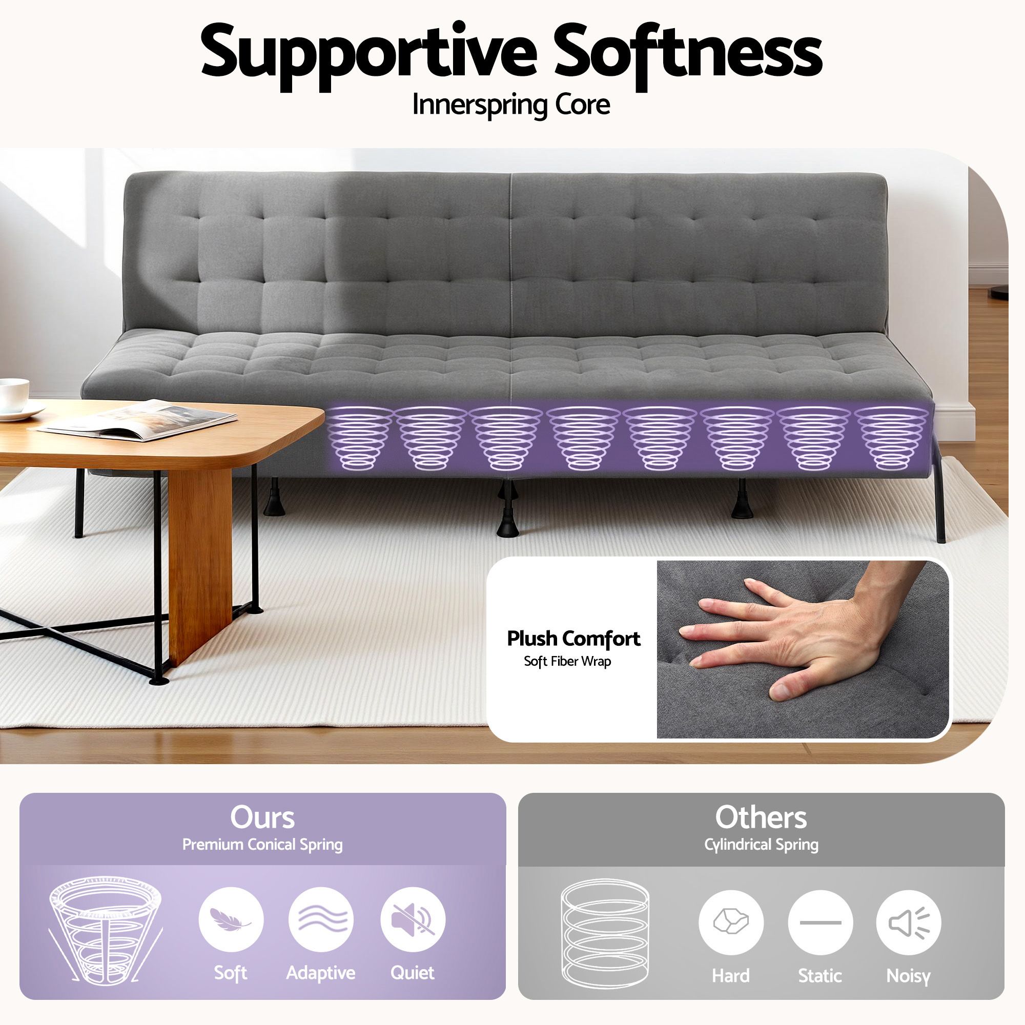 Artiss Sofa Bed, 1.9m 3-Seater Soft Innerspring Adjustable Couch Futon Chair for Apartment Dorm Living Room Office Study Bedroom, Grey - Image 8