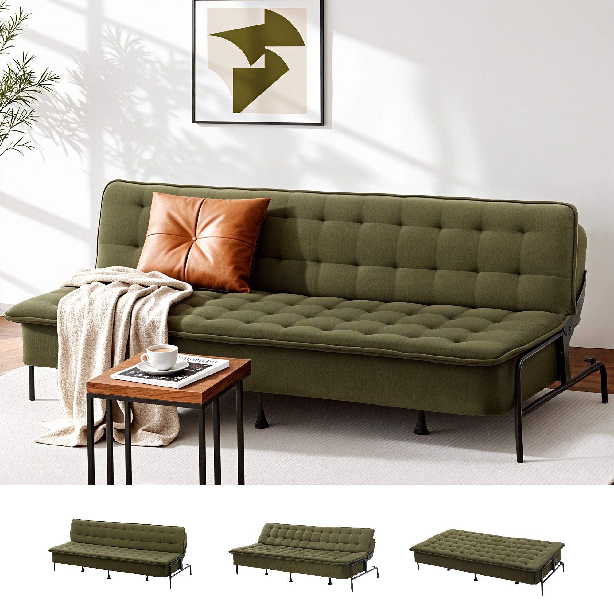 Artiss Sofa Bed, 1.9m 3-Seater Soft Innerspring Adjustable Couch Futon Chair for Apartment Dorm Living Room Office Study Bedroom, Green - Image 1