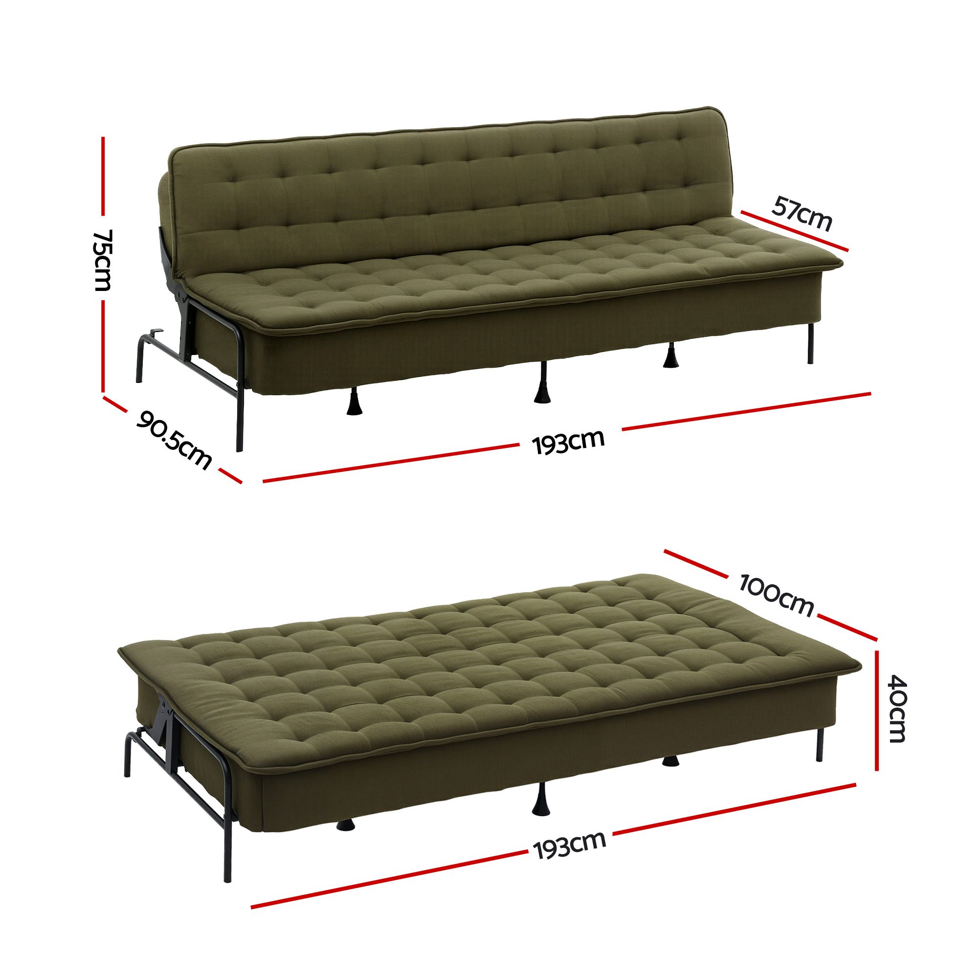 Artiss Sofa Bed, 1.9m 3-Seater Soft Innerspring Adjustable Couch Futon Chair for Apartment Dorm Living Room Office Study Bedroom, Green - Image 3