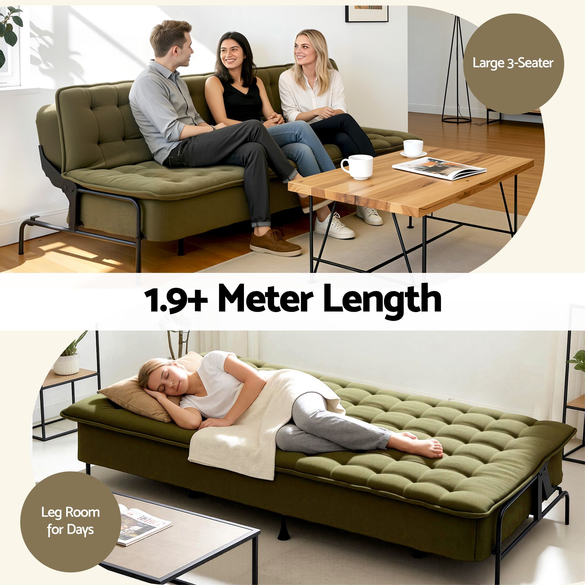 Artiss Sofa Bed, 1.9m 3-Seater Soft Innerspring Adjustable Couch Futon Chair for Apartment Dorm Living Room Office Study Bedroom, Green - Image 5