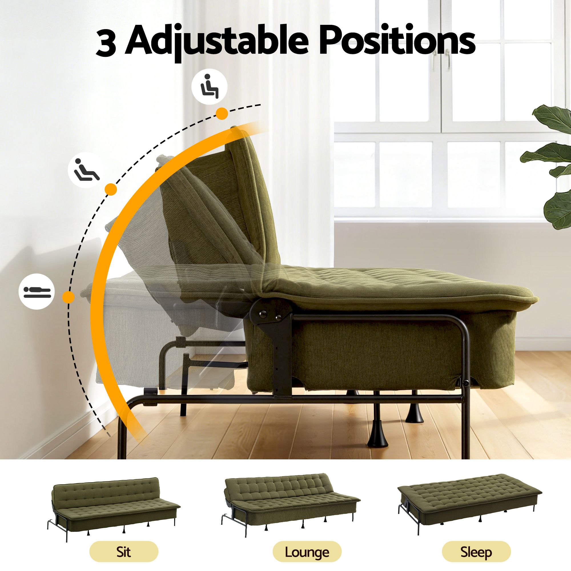 Artiss Sofa Bed, 1.9m 3-Seater Soft Innerspring Adjustable Couch Futon Chair for Apartment Dorm Living Room Office Study Bedroom, Green - Image 6