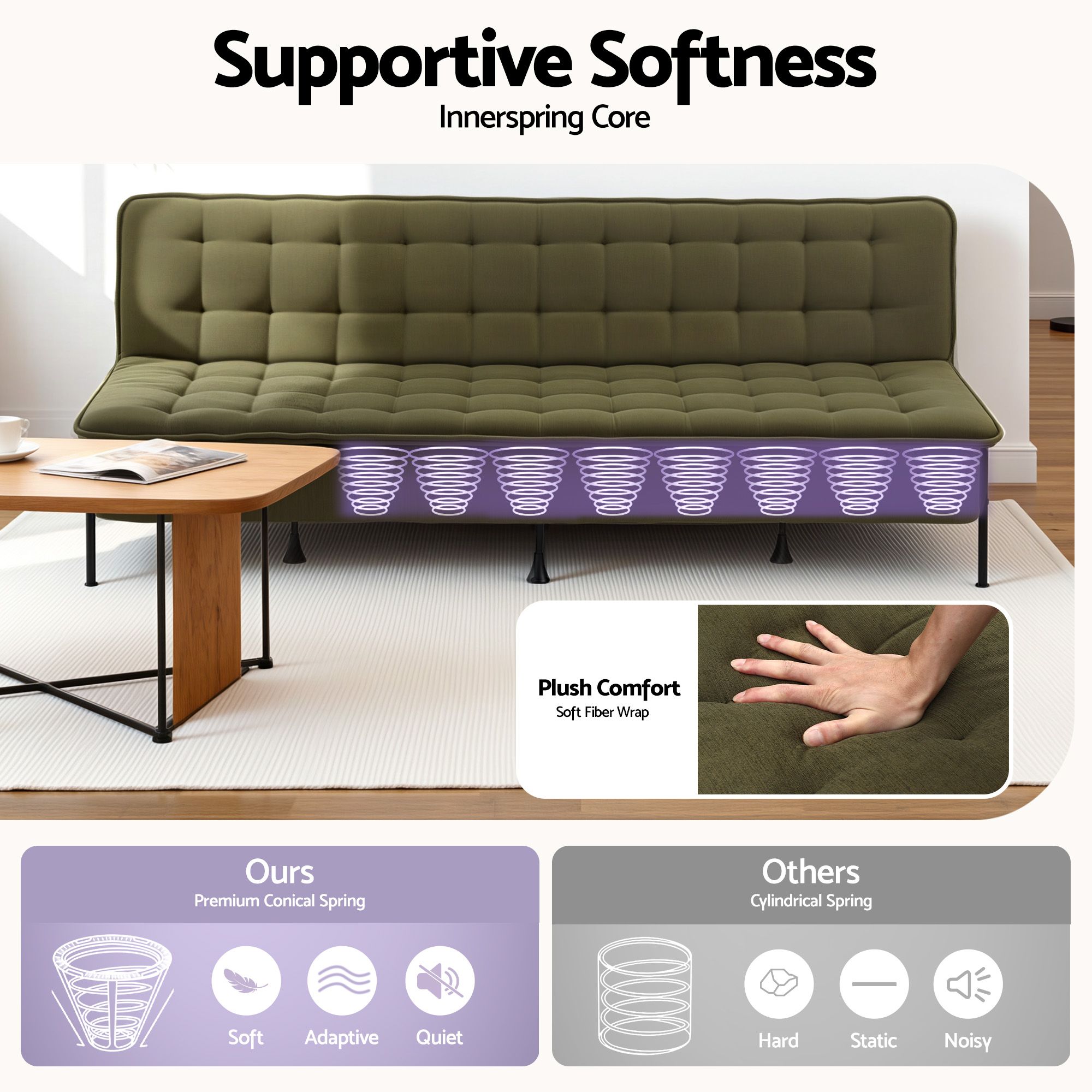 Artiss Sofa Bed, 1.9m 3-Seater Soft Innerspring Adjustable Couch Futon Chair for Apartment Dorm Living Room Office Study Bedroom, Green - Image 8