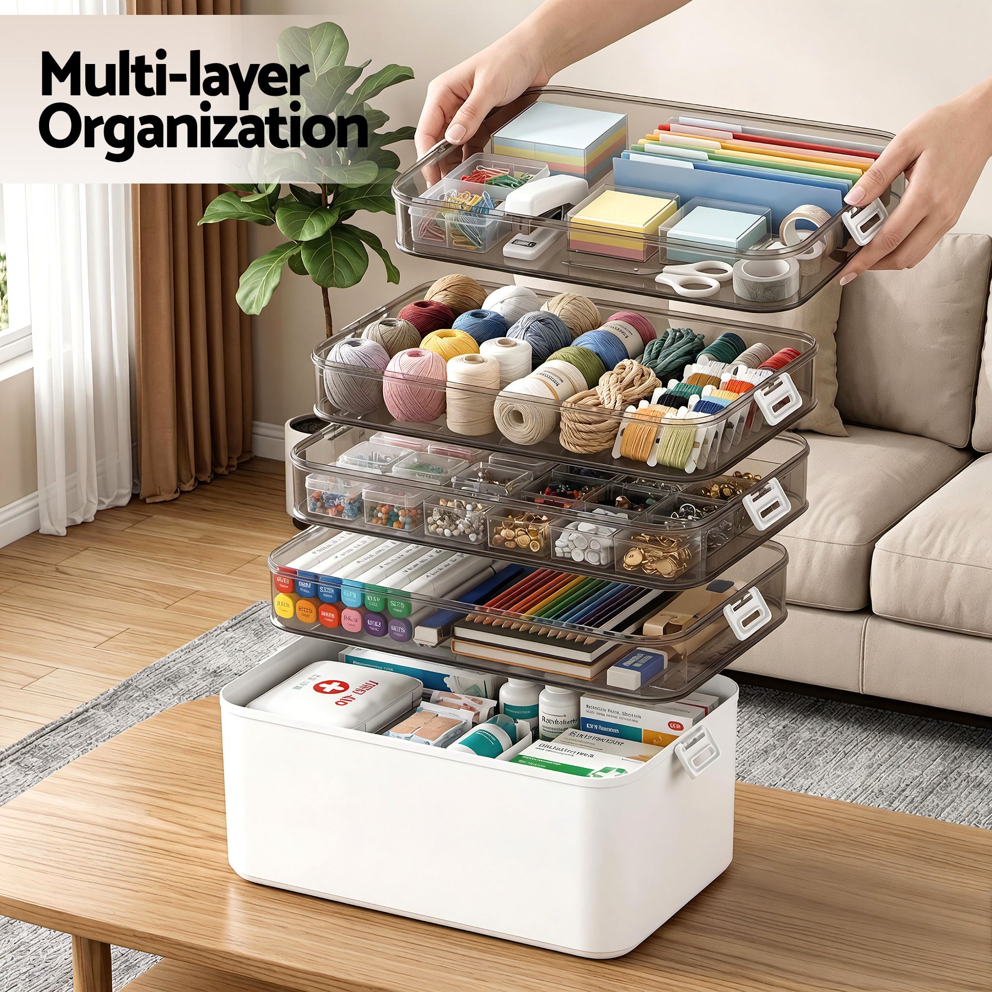 Artiss 5 Tier Portable Storage Box Detachable with Handles Plastic Clear - Image 4