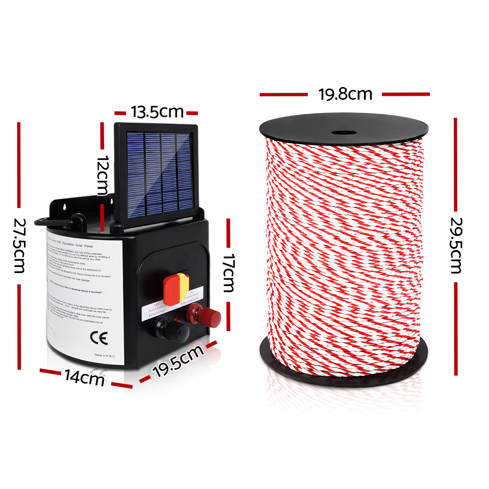 Giantz Fence Energiser 3KM Solar Powered Electric 500M Poly Rope - Image 2