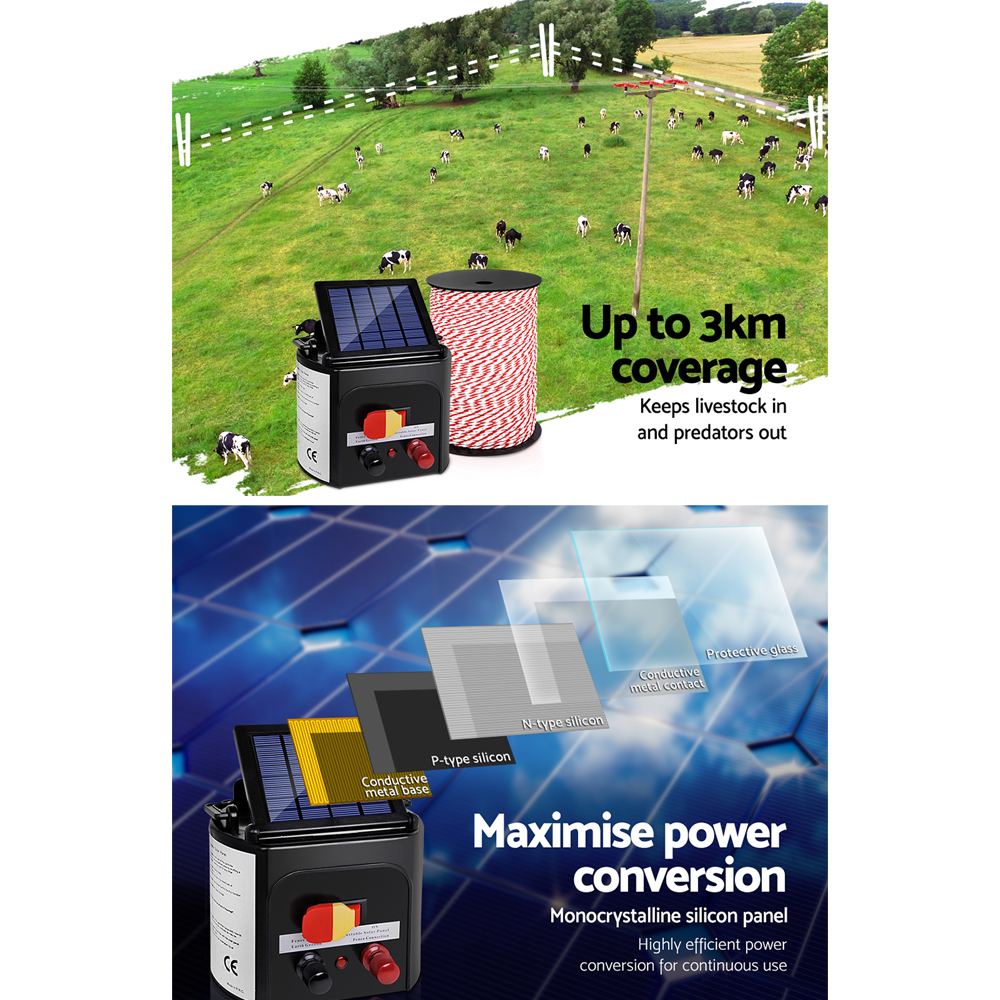 Giantz Fence Energiser 3KM Solar Powered Electric 500M Poly Rope - Image 4