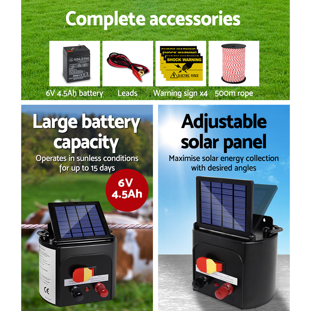 Giantz Fence Energiser 3KM Solar Powered Electric 500M Poly Rope - Image 5