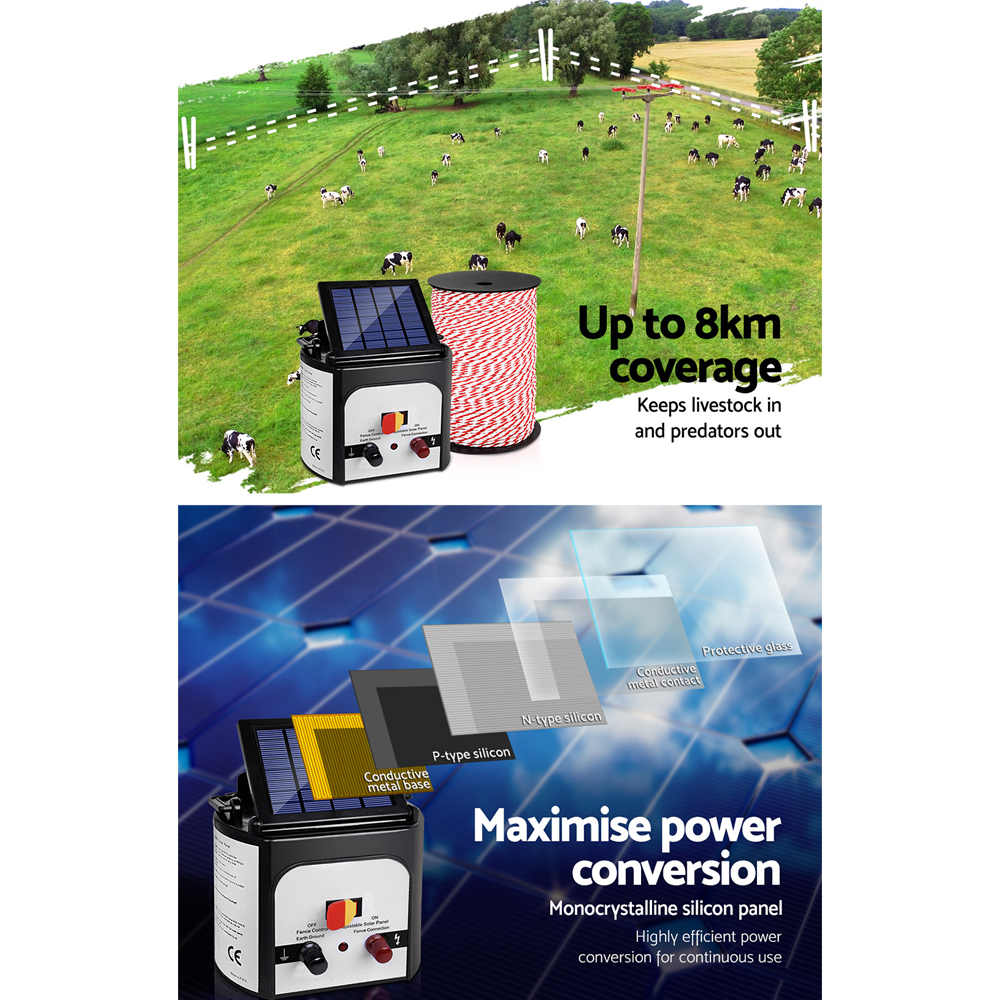 Giantz Fence Energiser 8KM Solar Powered Electric 500M Poly Rope - Image 4
