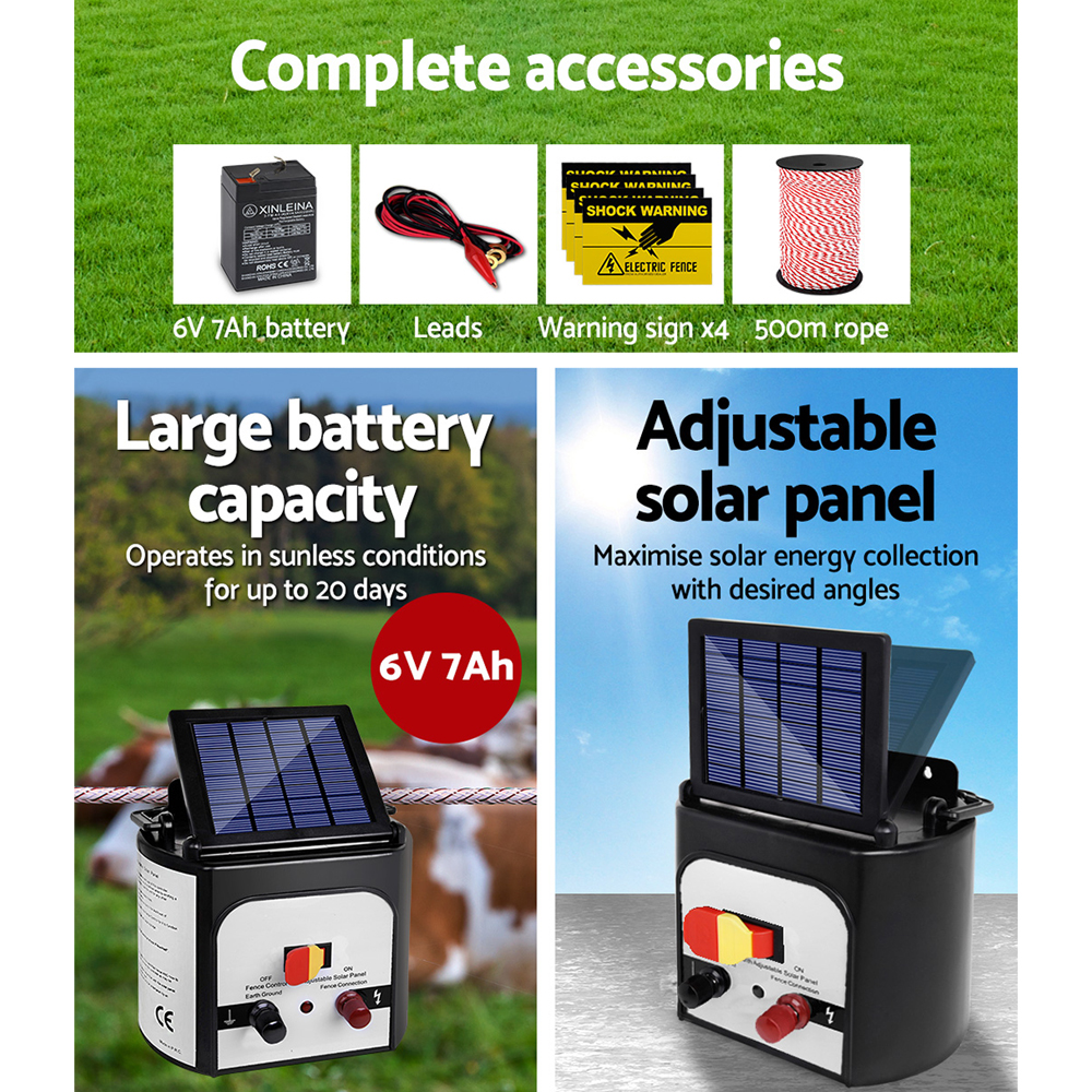 Giantz Fence Energiser 8KM Solar Powered Electric 500M Poly Rope - Image 5