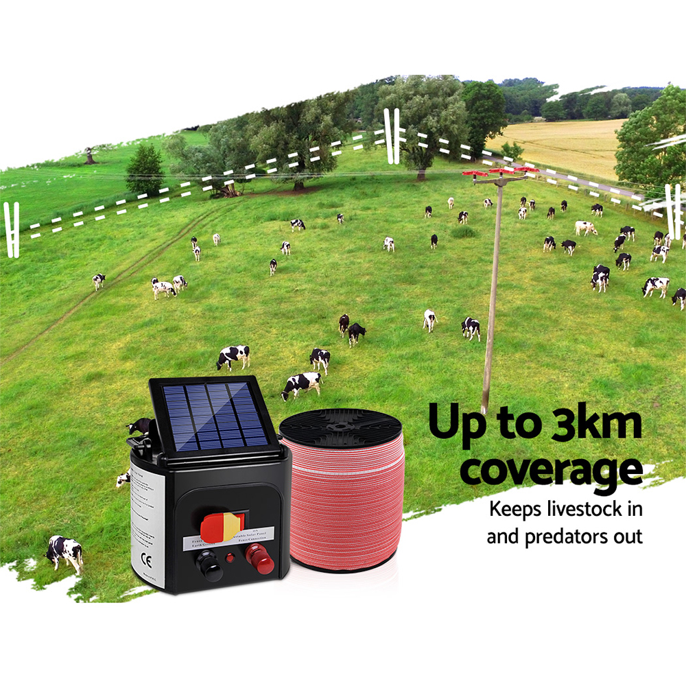 Giantz Fence Energiser 3KM Solar Powered Electric 2000M Poly Tape - Image 4
