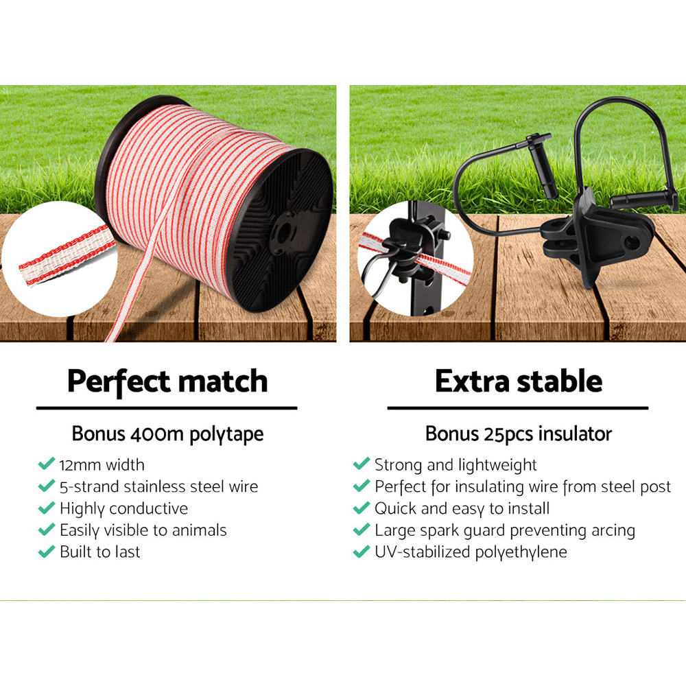 Giantz Fence Energiser 5KM Solar Powered Electric 400M Poly Tape Insulator - Image 5