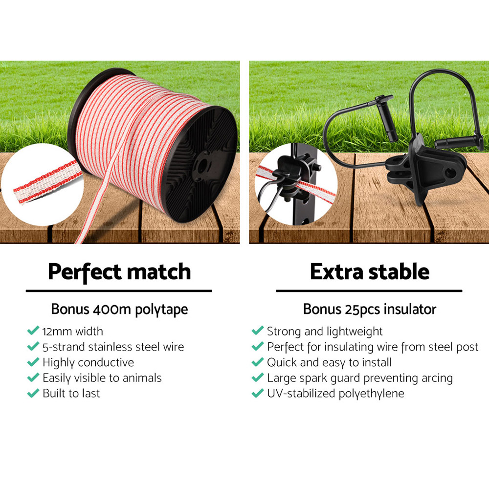 Giantz Fence Energiser 8KM Solar Powered Electric 400M Poly Tape Insulator - Image 5