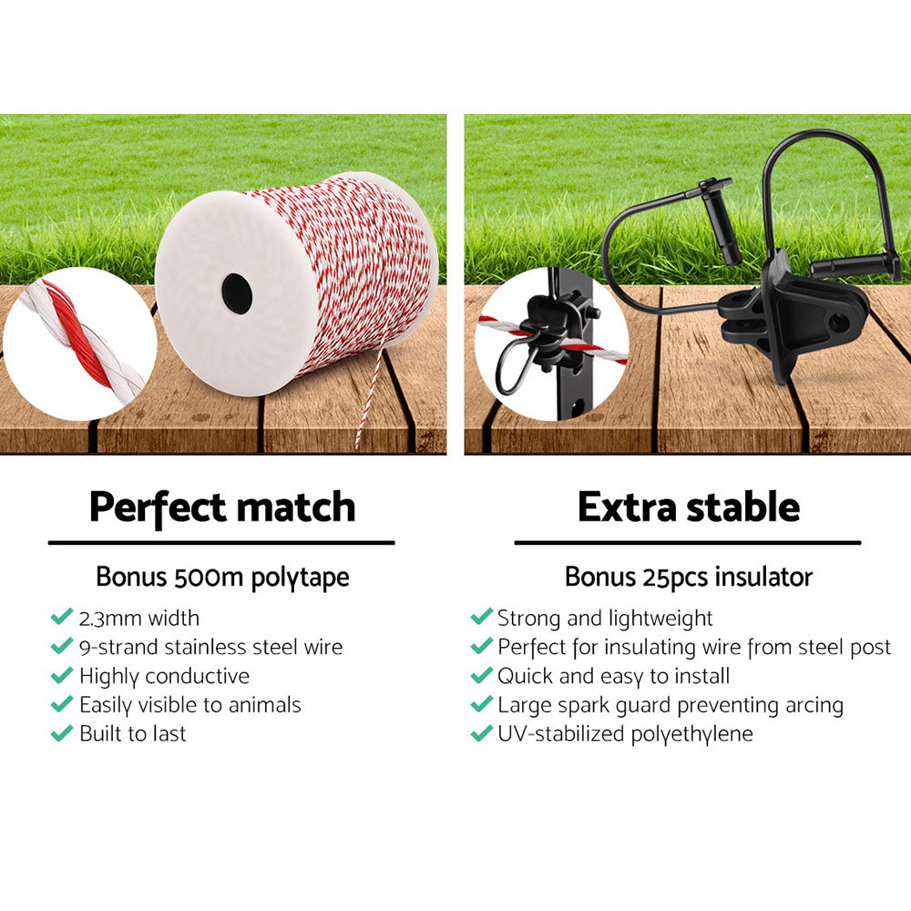 Giantz Fence Energiser 8KM Solar Powered Electric 500M Poly Wire Insulator - Image 5