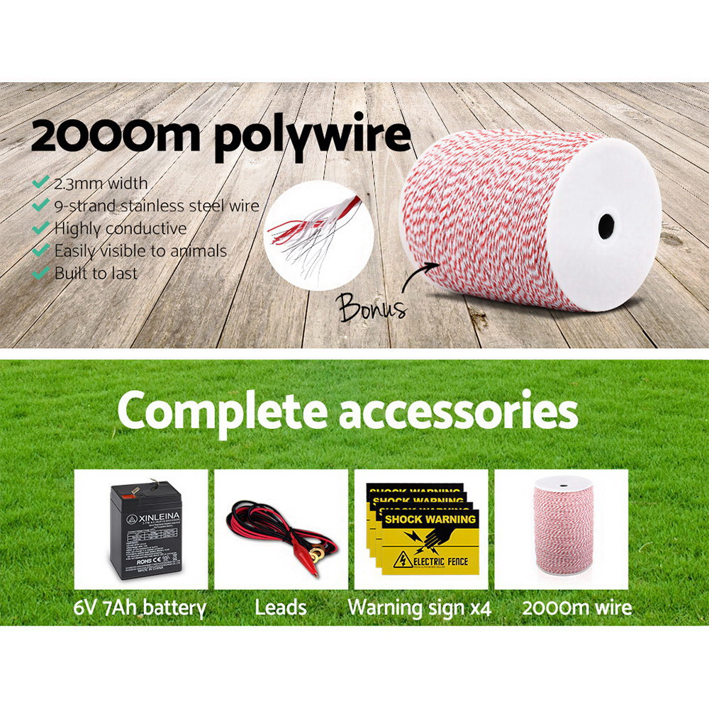 Giantz Fence Energiser 8KM Solar Powered Electric 2KM Poly Wire - Image 6