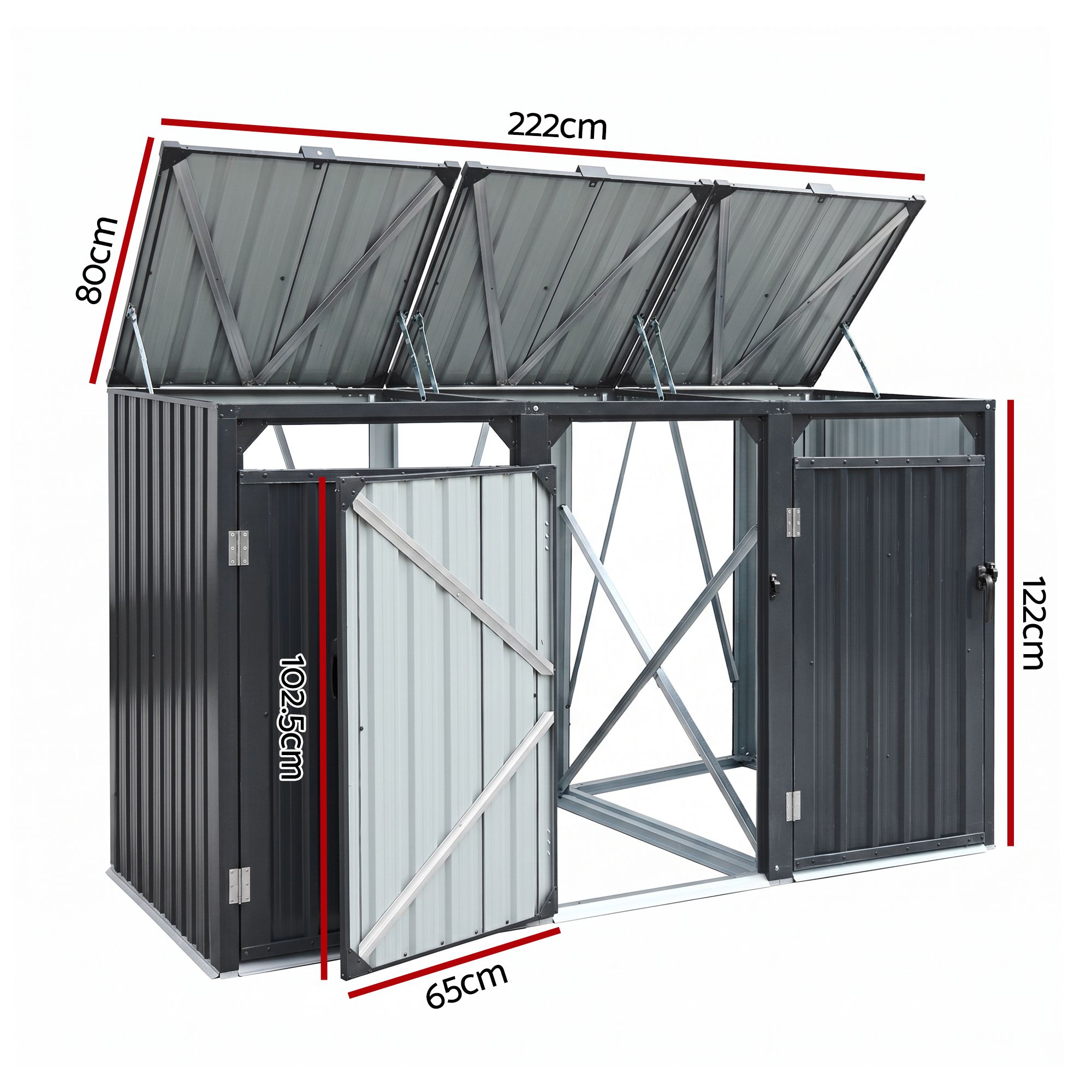 Giantz Bin Shed Triple Wheelie Waste Bins Storage Steel Garden Enclosure Grey - Image 2