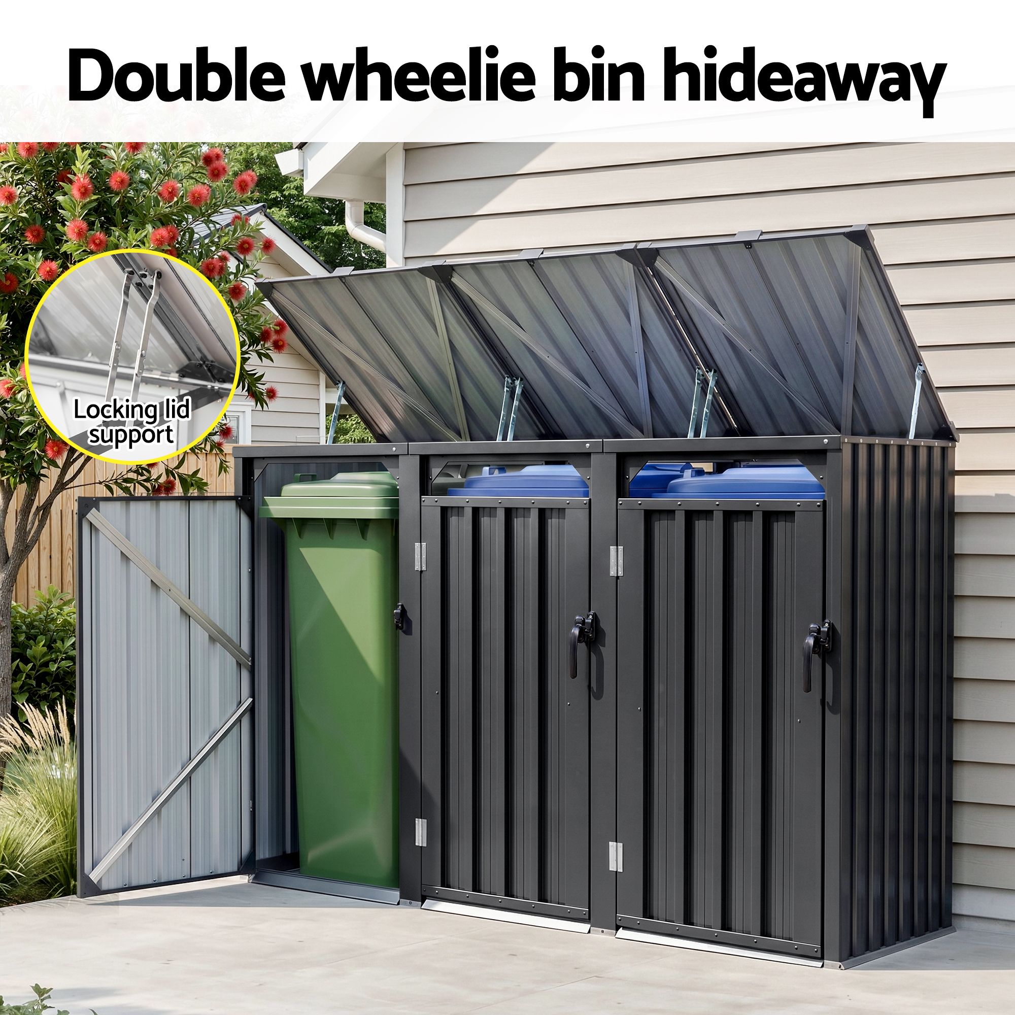 Giantz Bin Shed Triple Wheelie Waste Bins Storage Steel Garden Enclosure Grey - Image 4