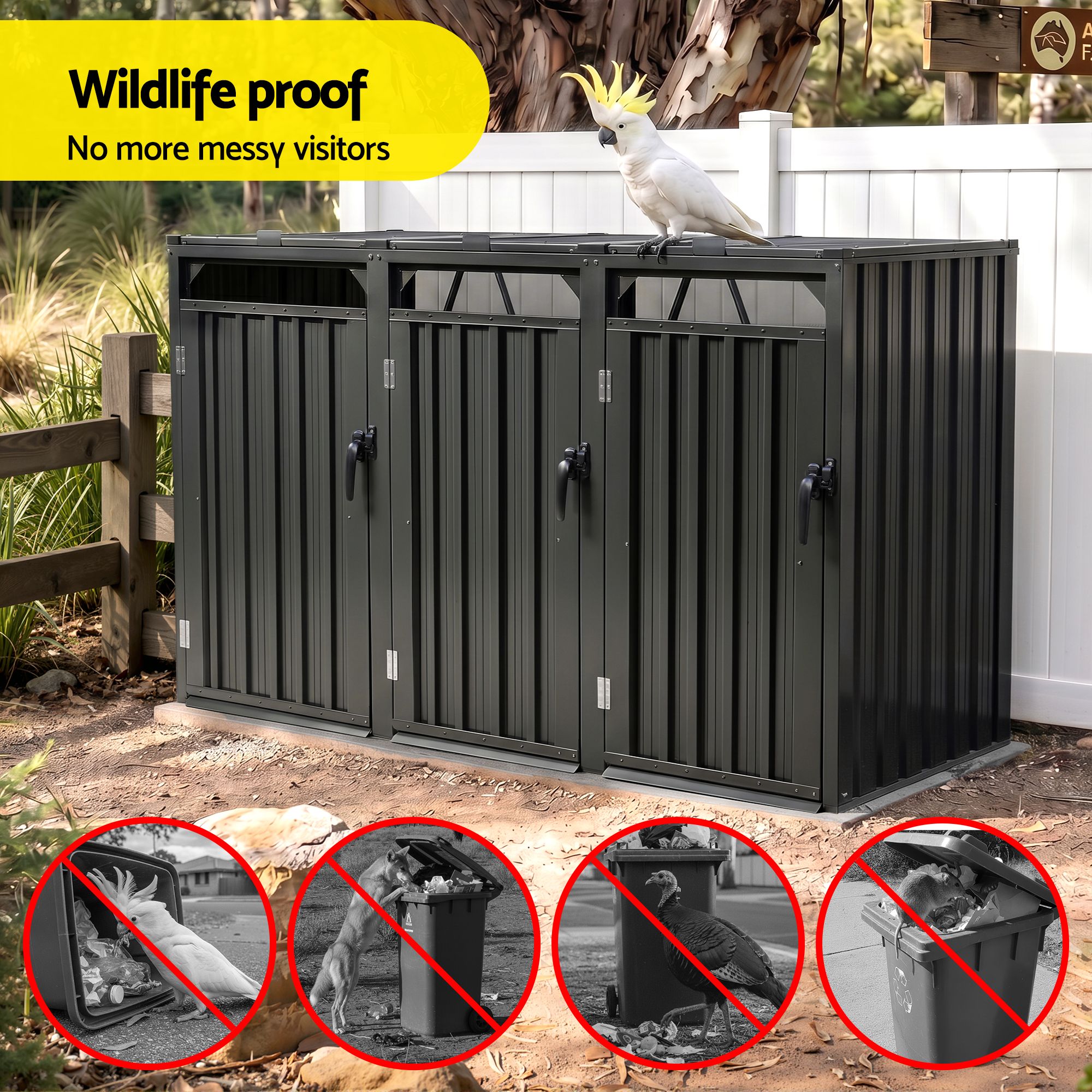 Giantz Bin Shed Triple Wheelie Waste Bins Storage Steel Garden Enclosure Grey - Image 5