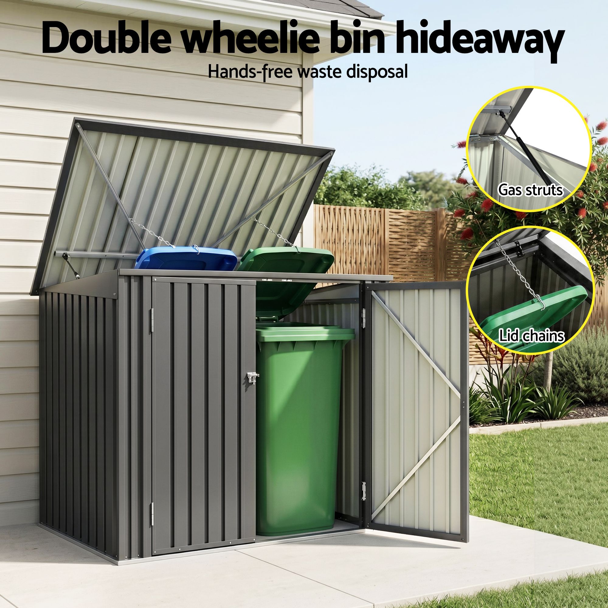 Giantz Garden Shed Wheelie Bin Storage Enclosure Outdoor Lockable Steel Cabinet - Image 5