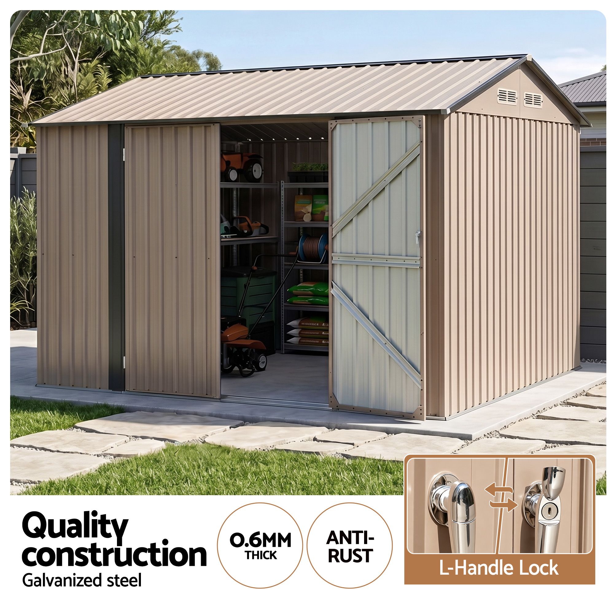 Giantz 3X3M Garden Shed Outdoor Storage Backyard Tool Shed Galvanized Steel Brown - Image 4