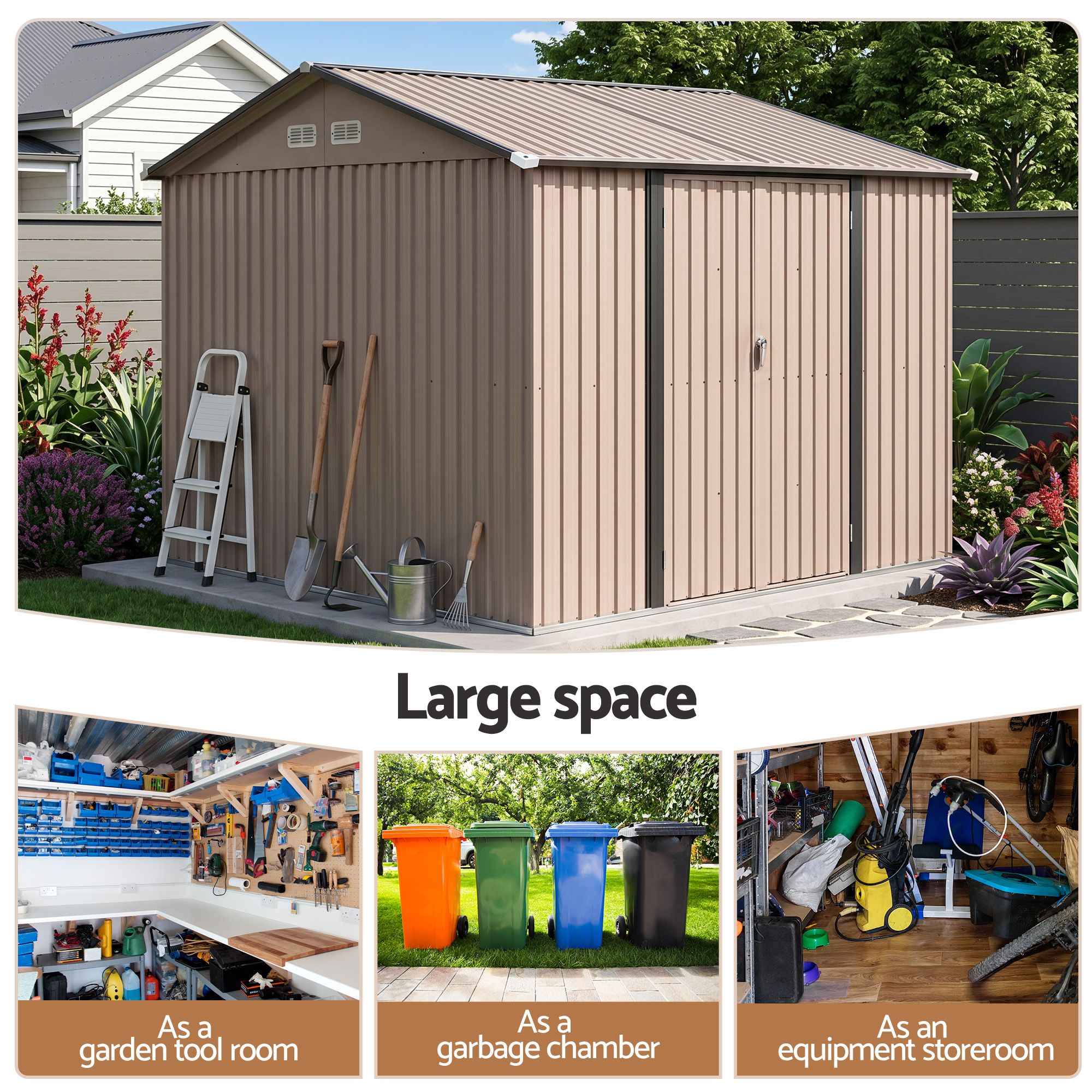 Giantz 3X3M Garden Shed Outdoor Storage Backyard Tool Shed Galvanized Steel Brown - Image 5