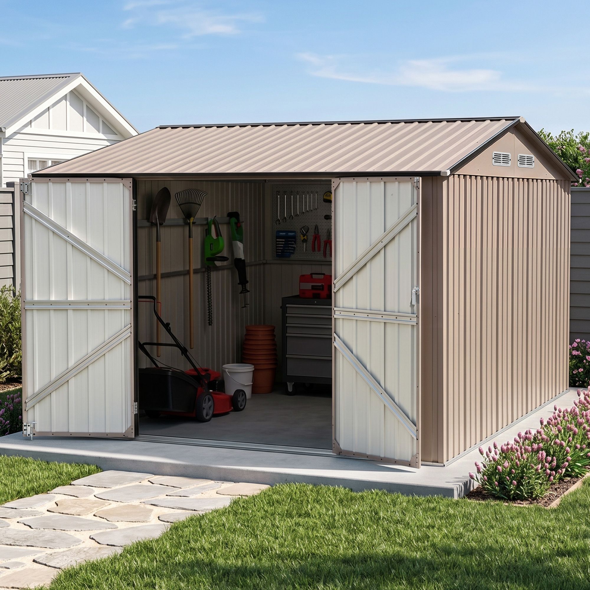 Giantz 3X3M Garden Shed Outdoor Storage Backyard Tool Shed Galvanized Steel Brown - Image 8