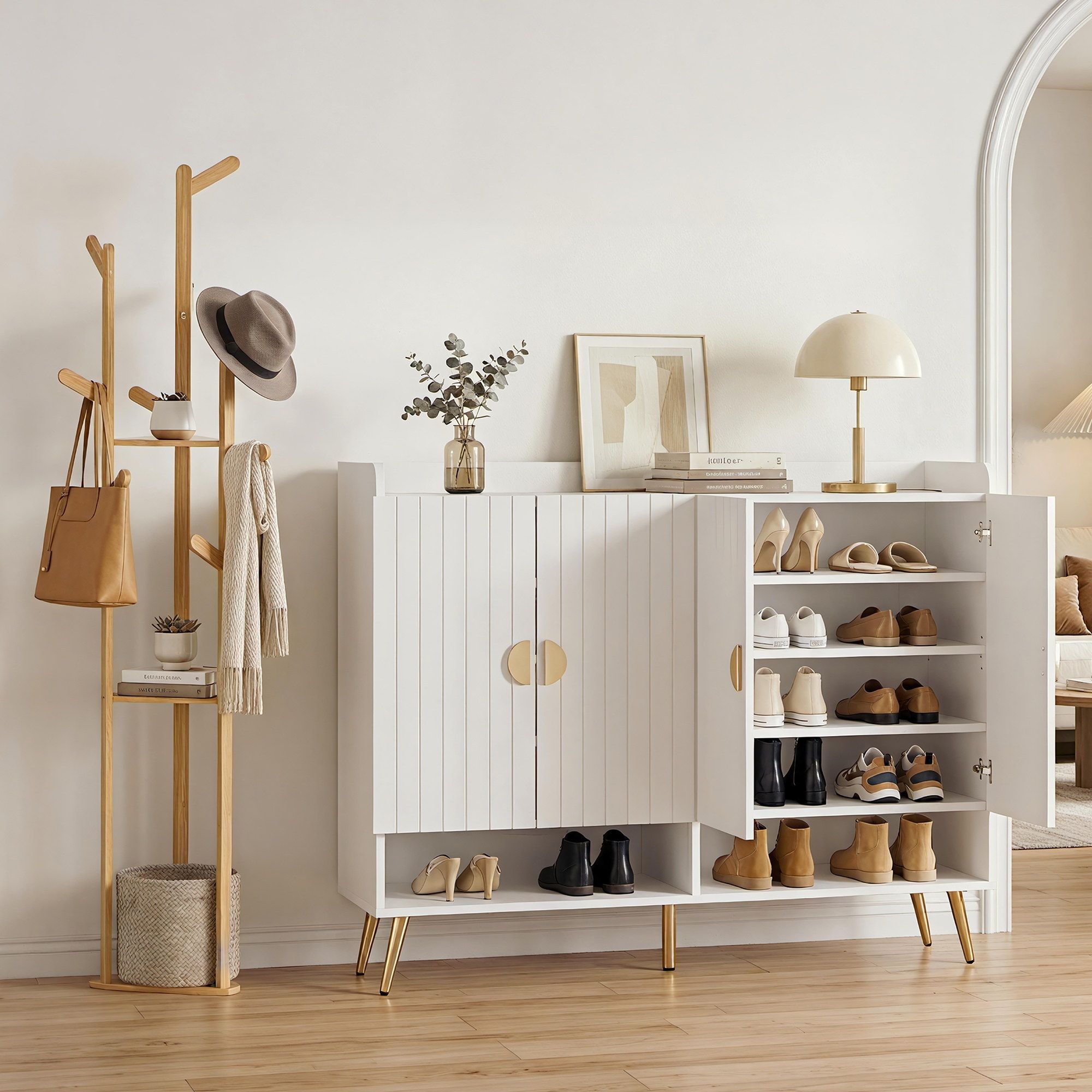 Artiss Shoe Rack Cabinet & Clothes Rack Set Storage Shelf White Pine - Image 1