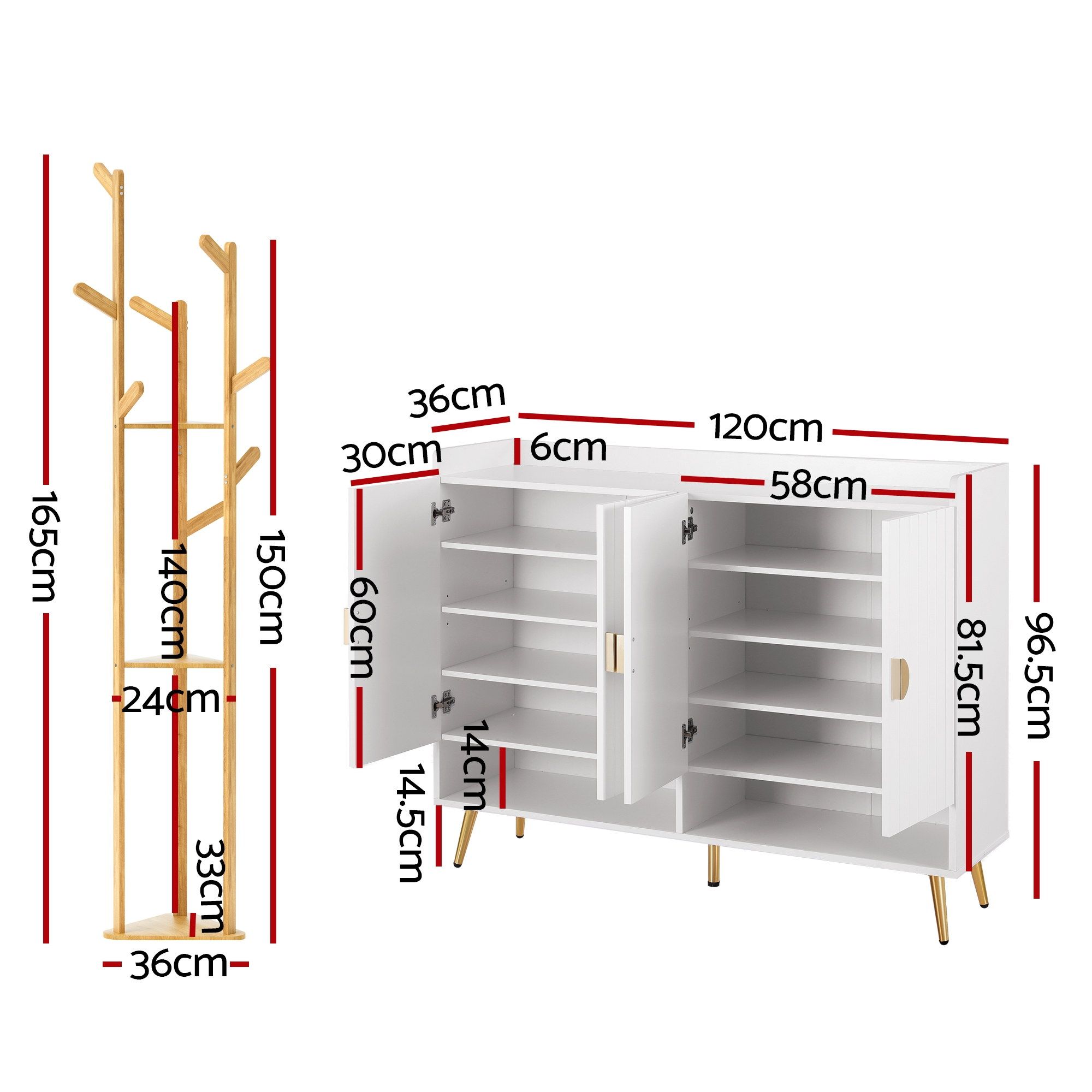 Artiss Shoe Rack Cabinet & Clothes Rack Set Storage Shelf White Pine - Image 3