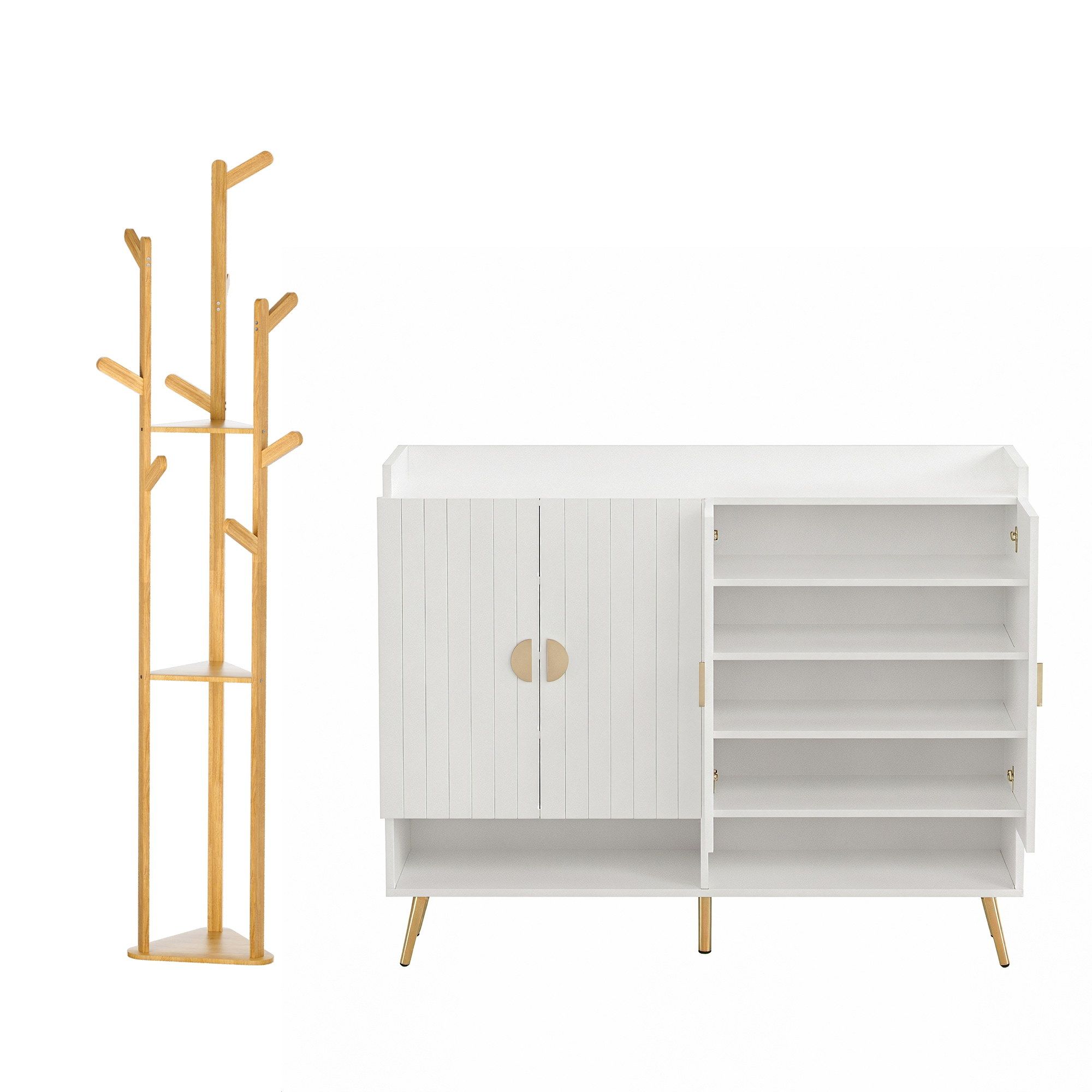 Artiss Shoe Rack Cabinet & Clothes Rack Set Storage Shelf White Pine - Image 4