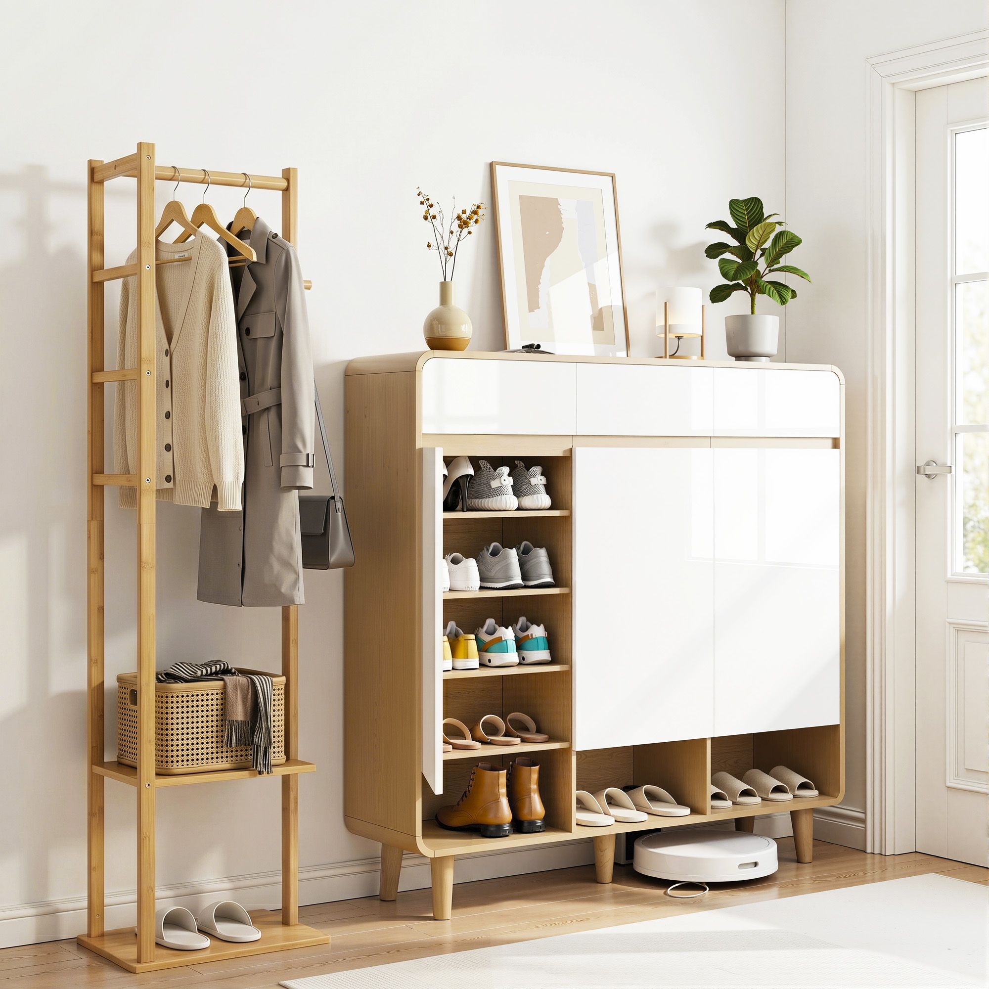 Artiss Shoe Rack Cabinet Wooden & Bamboo Clothes Rack Set Storage Shelf White Pine - Image 1