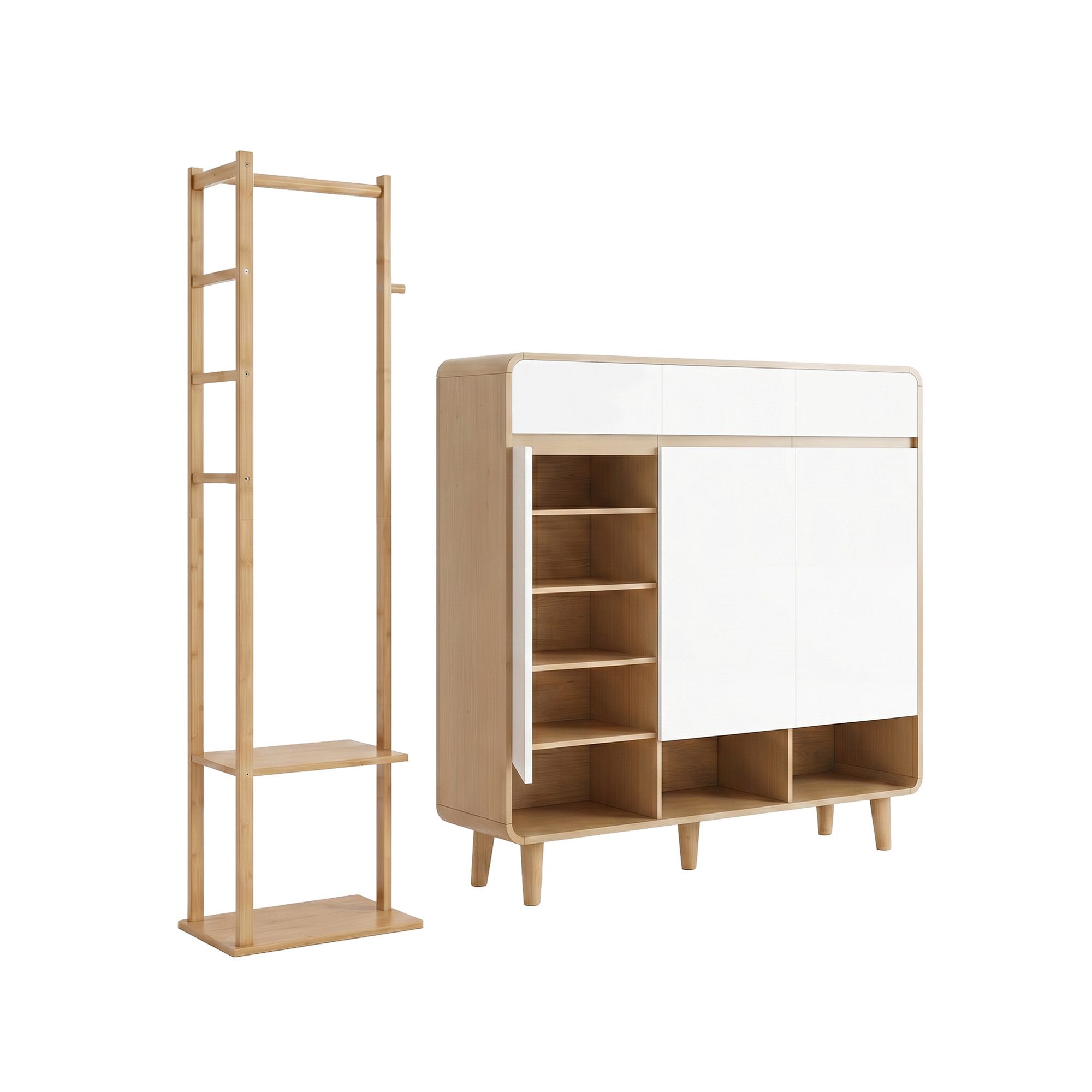 Artiss Shoe Rack Cabinet Wooden & Bamboo Clothes Rack Set Storage Shelf White Pine - Image 2