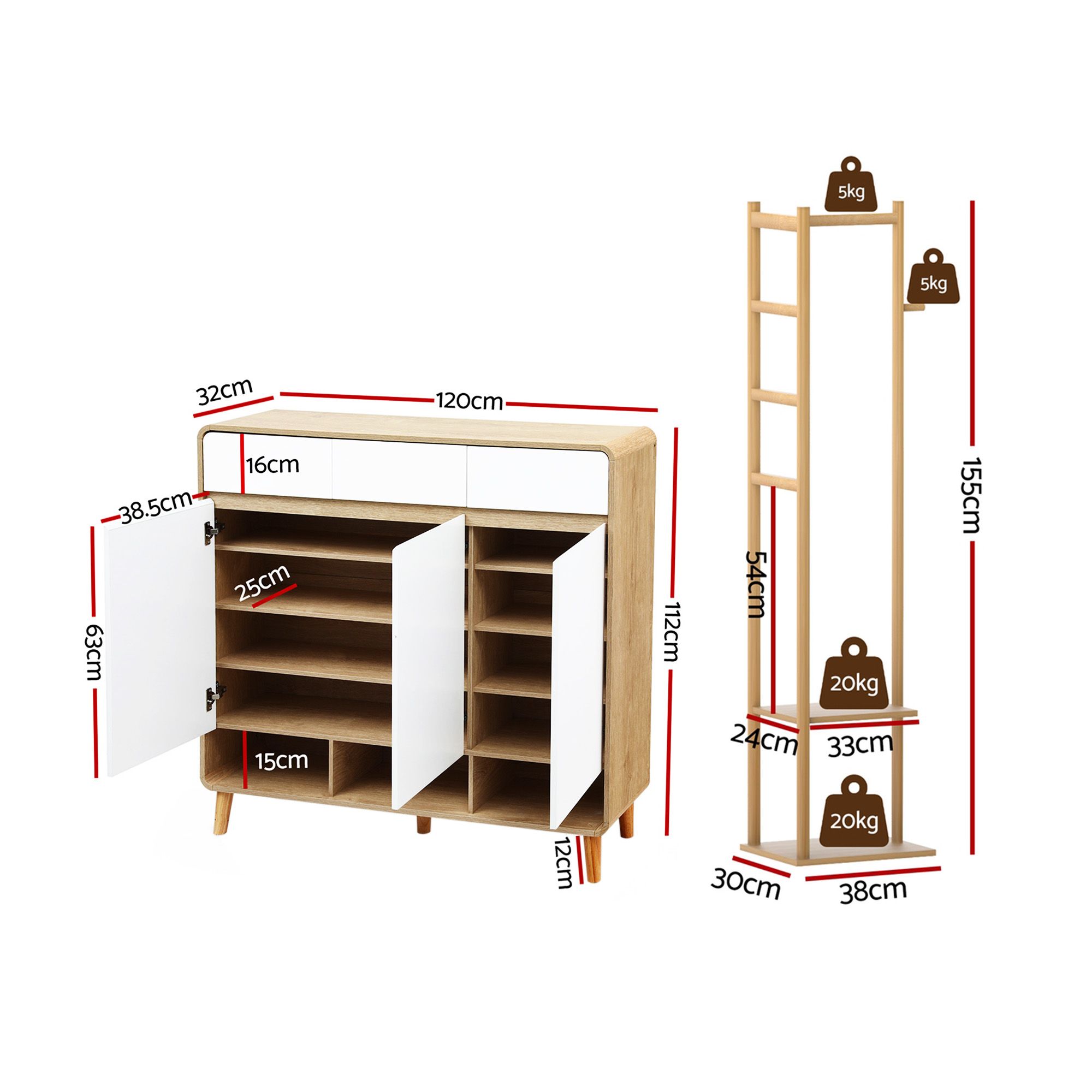 Artiss Shoe Rack Cabinet Wooden & Bamboo Clothes Rack Set Storage Shelf White Pine - Image 4