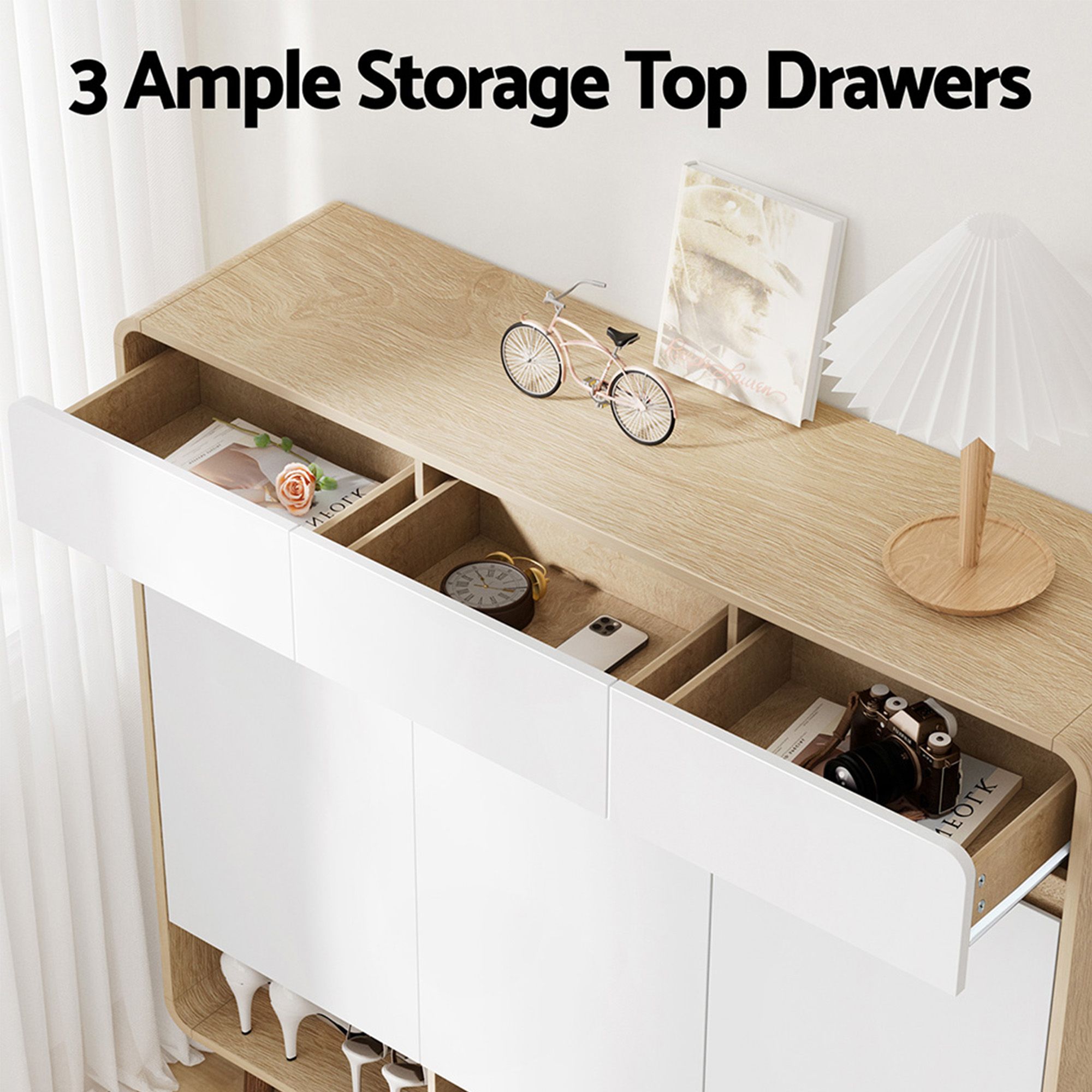 Artiss Shoe Rack Cabinet Wooden & Bamboo Clothes Rack Set Storage Shelf White Pine - Image 7