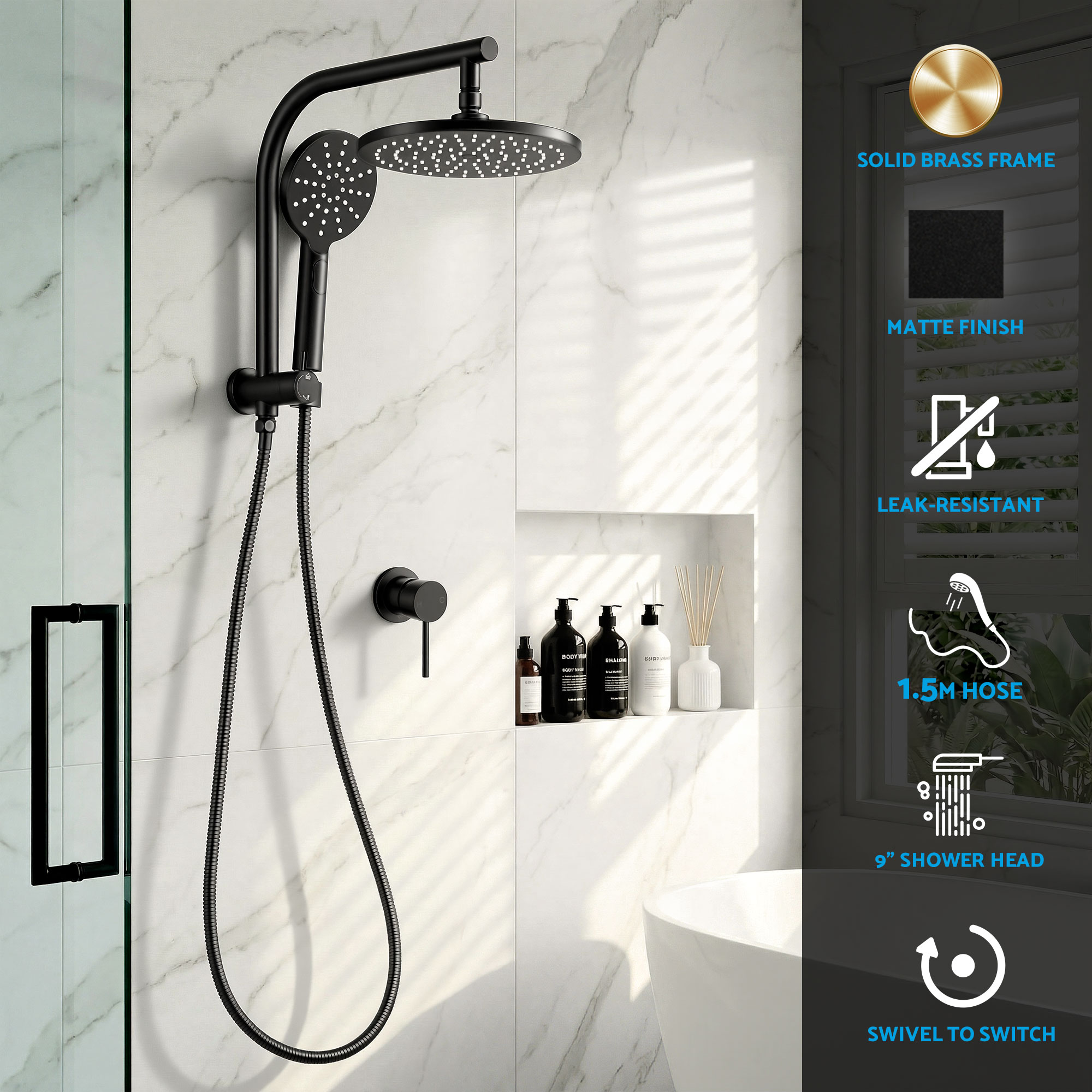 Cefito 9'' Rain Shower Head Set Handheld Round High Pressure Mixer Tap Chrome - Image 4