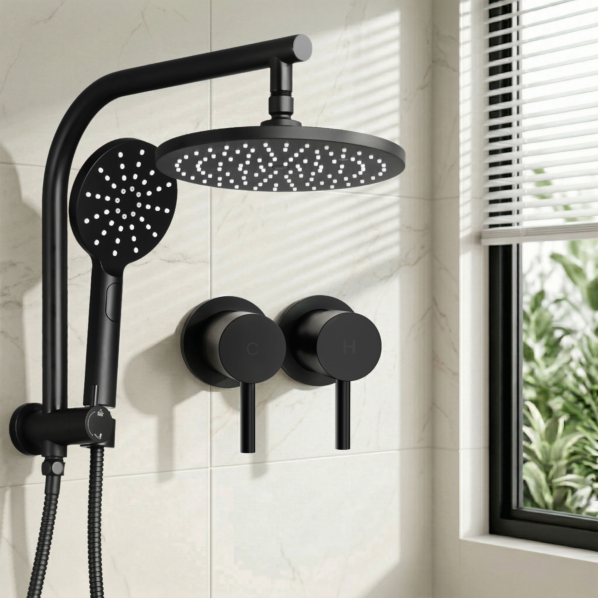 Cefito 9'' Rain Shower Head Set Handheld Round High Pressure Twins Tap Chrome - Image 1