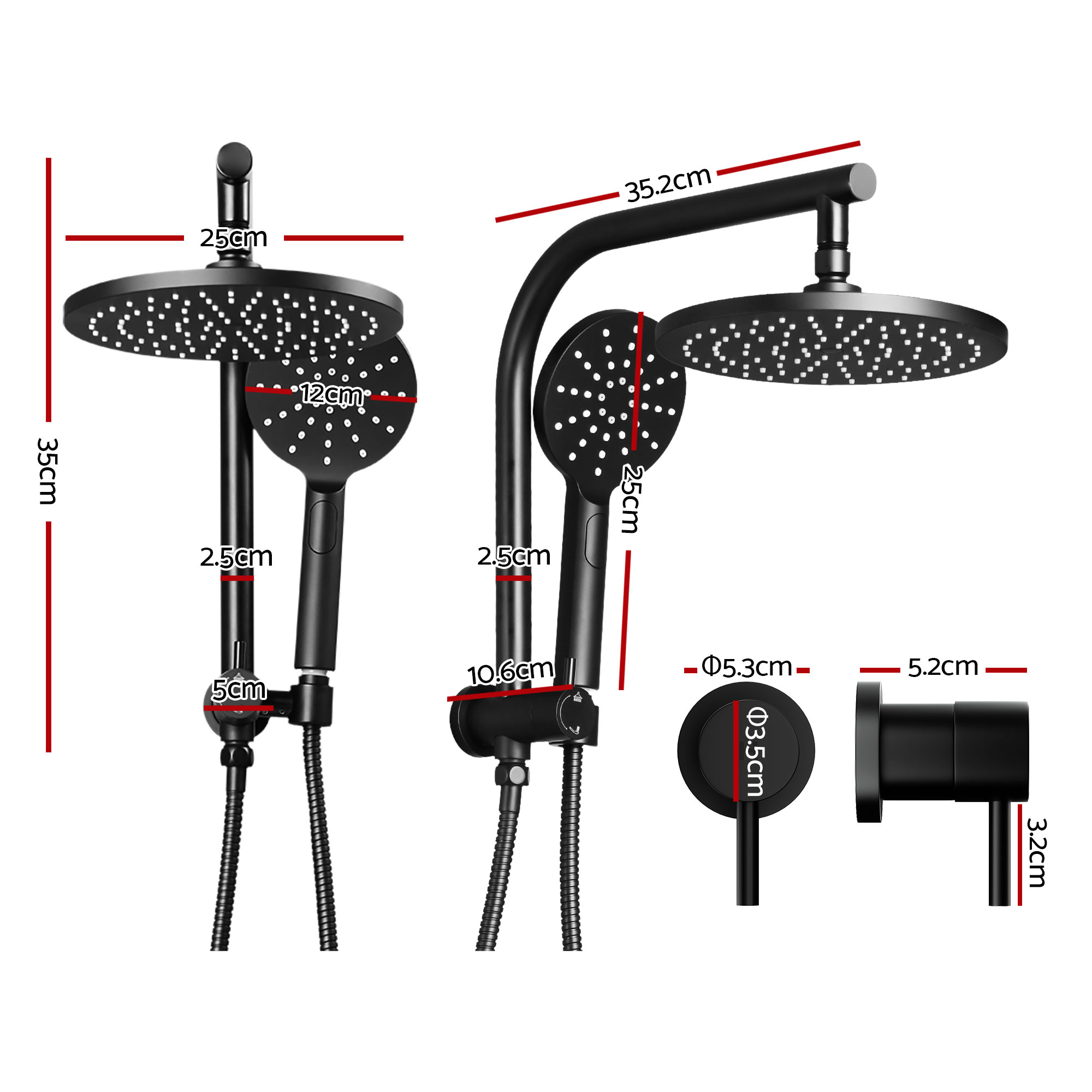 Cefito 9'' Rain Shower Head Set Handheld Round High Pressure Twins Tap Chrome - Image 3