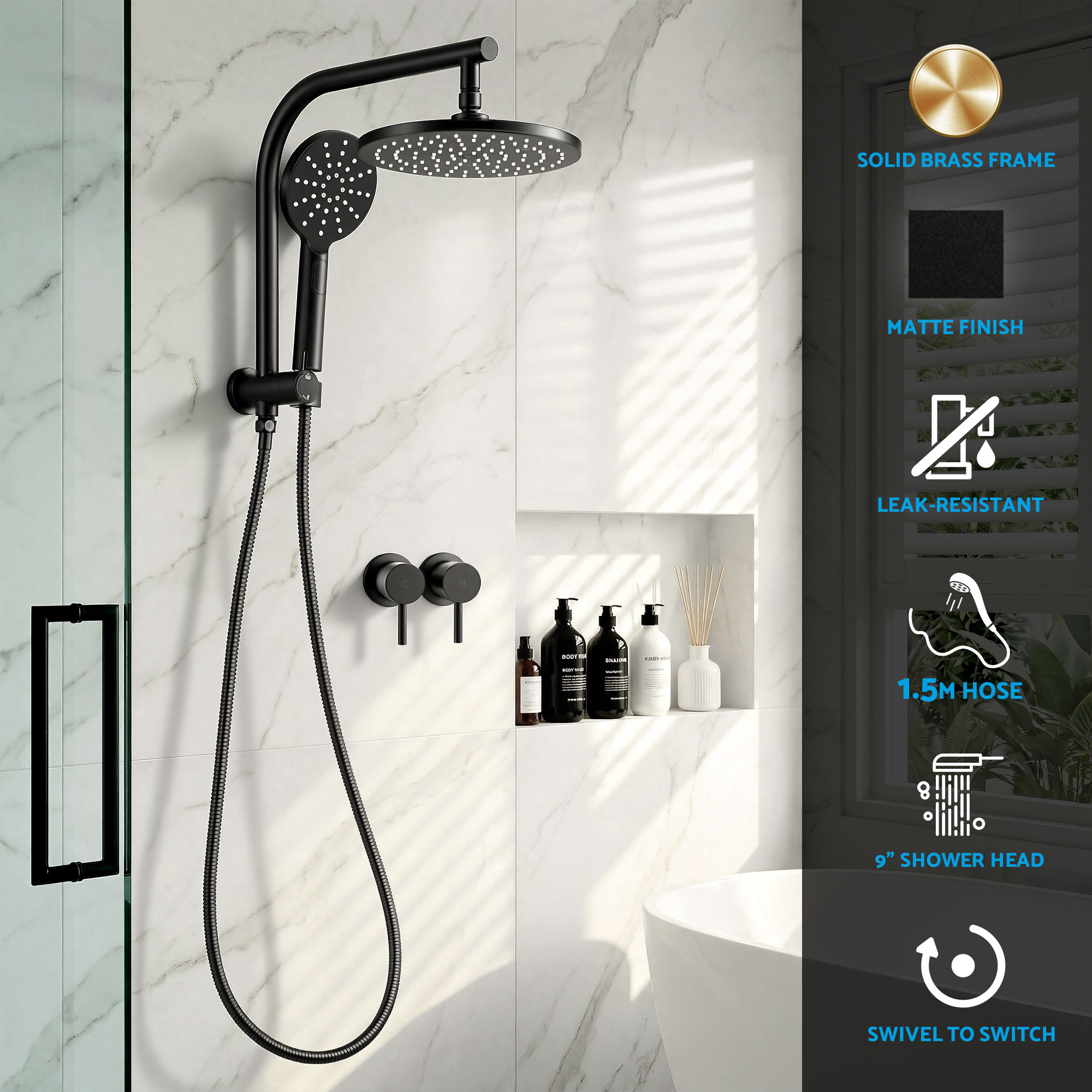 Cefito 9'' Rain Shower Head Set Handheld Round High Pressure Twins Tap Chrome - Image 4