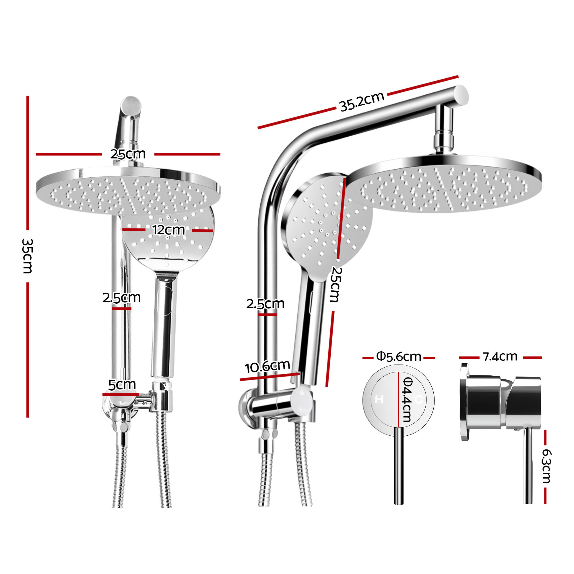 Cefito 9'' Rain Shower Head Set Handheld Round High Pressure Mixer Tap Chrome - Image 3