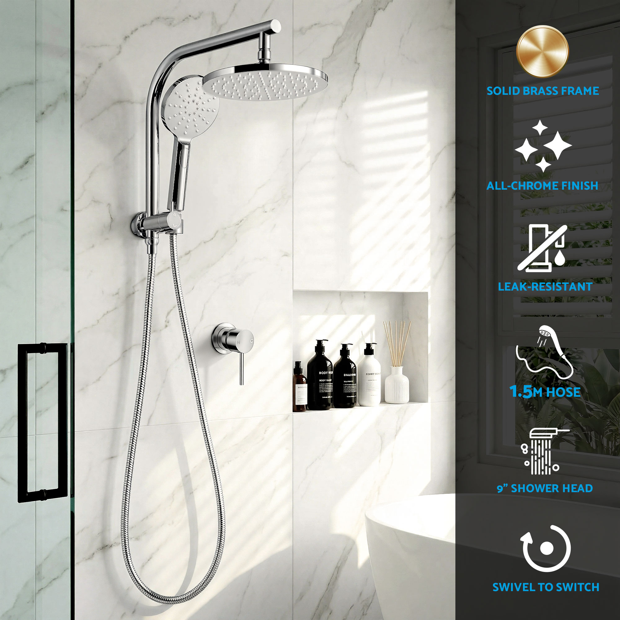 Cefito 9'' Rain Shower Head Set Handheld Round High Pressure Mixer Tap Chrome - Image 4